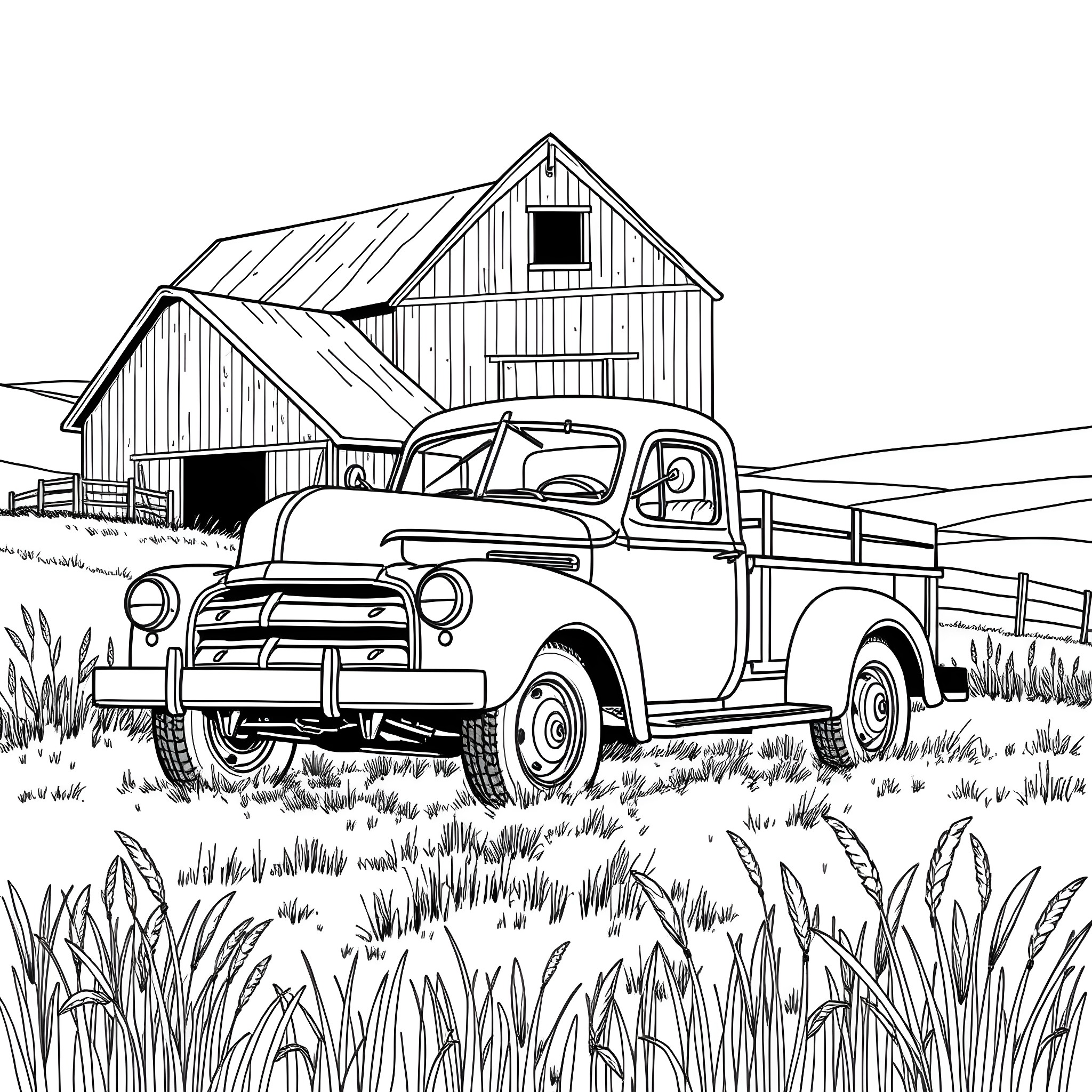 Truck parked in front of rustic barn Coloring Page (free black-and-white line drawing printable PDF for all, from beginners to advanced learners, including children, teens, adults, and seniors)