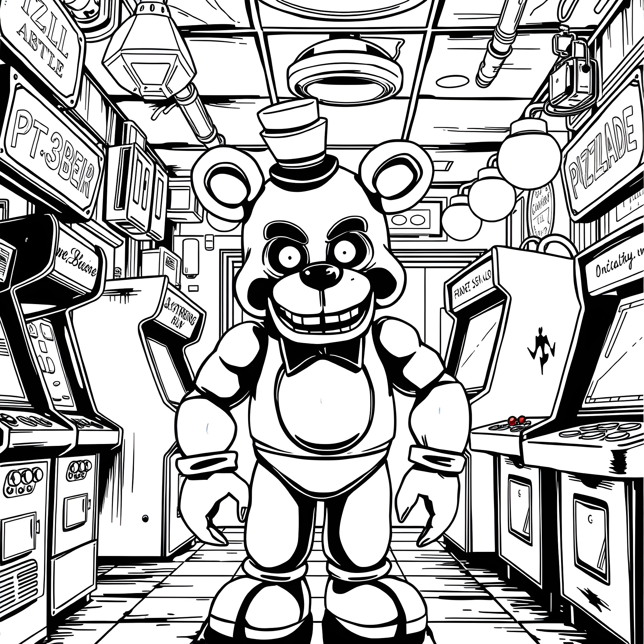 Freddy Fazbear's Arcade Adventure Coloring Page (free black-and-white line drawing printable PDF for all, from beginners to advanced learners, including children, teens, adults, and seniors)
