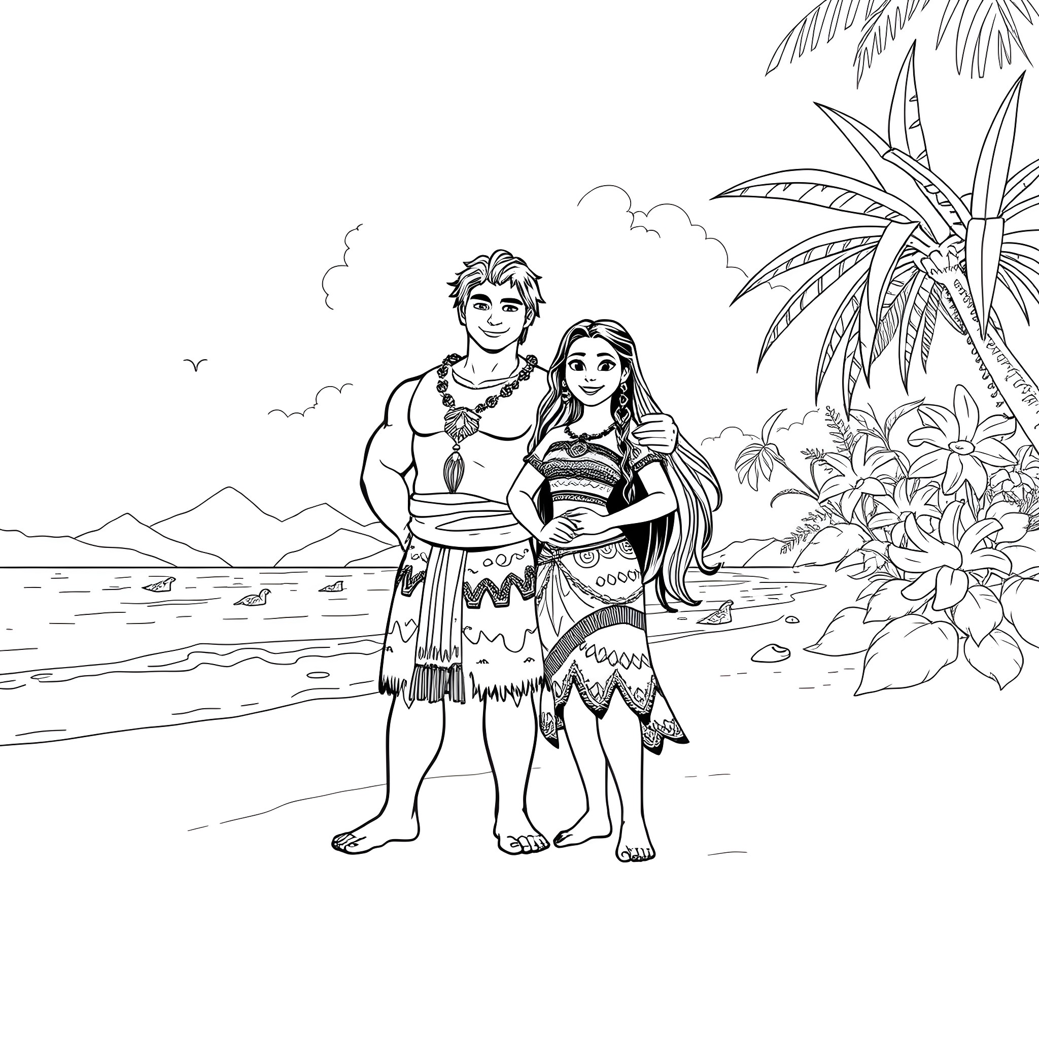 Moana and Maui on a tropical beach Coloring Page (free black-and-white line drawing printable PDF for all, from beginners to advanced learners, including children, teens, adults, and seniors)
