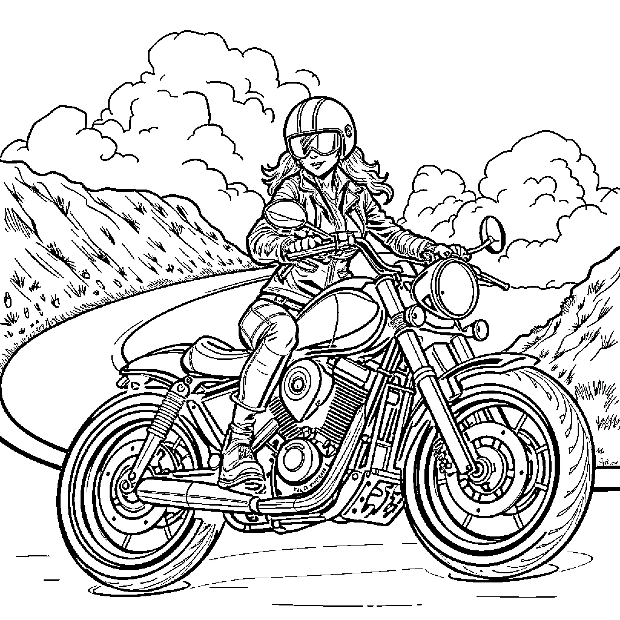 Motorcycle rider navigating winding mountain road Coloring Page (free black-and-white line drawing printable PDF for all, from beginners to advanced learners, including children, teens, adults, and seniors)