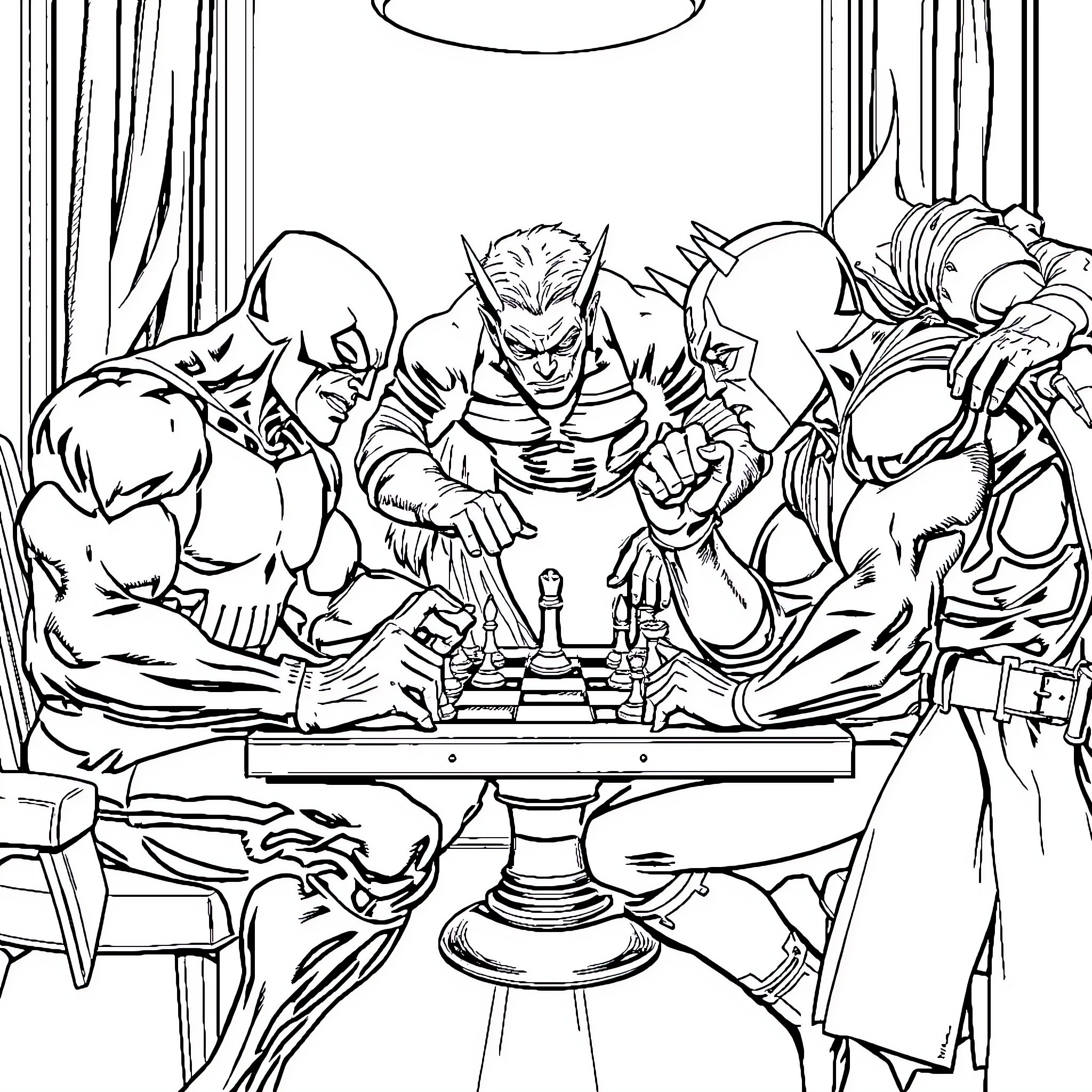 Chess Match Between Powerful Adversaries Coloring Page (free black-and-white line drawing printable PDF for all, from beginners to advanced learners, including children, teens, adults, and seniors)