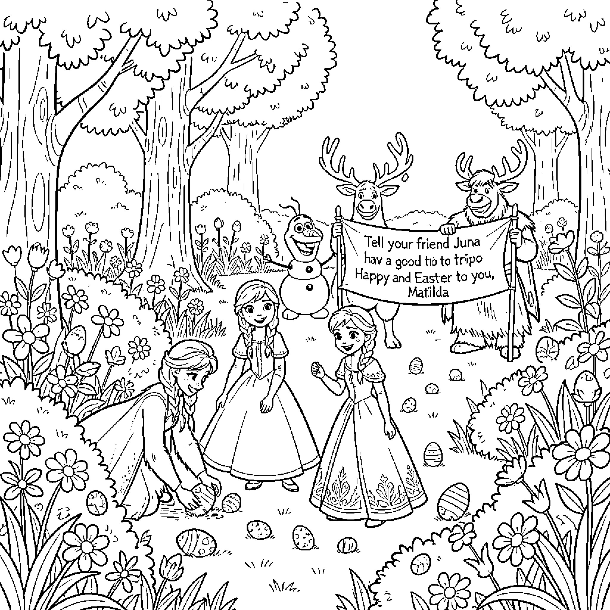 Frozen characters enjoying an Easter celebration in the forest Coloring Page (free black-and-white line drawing printable PDF for all, from beginners to advanced learners, including children, teens, adults, and seniors)