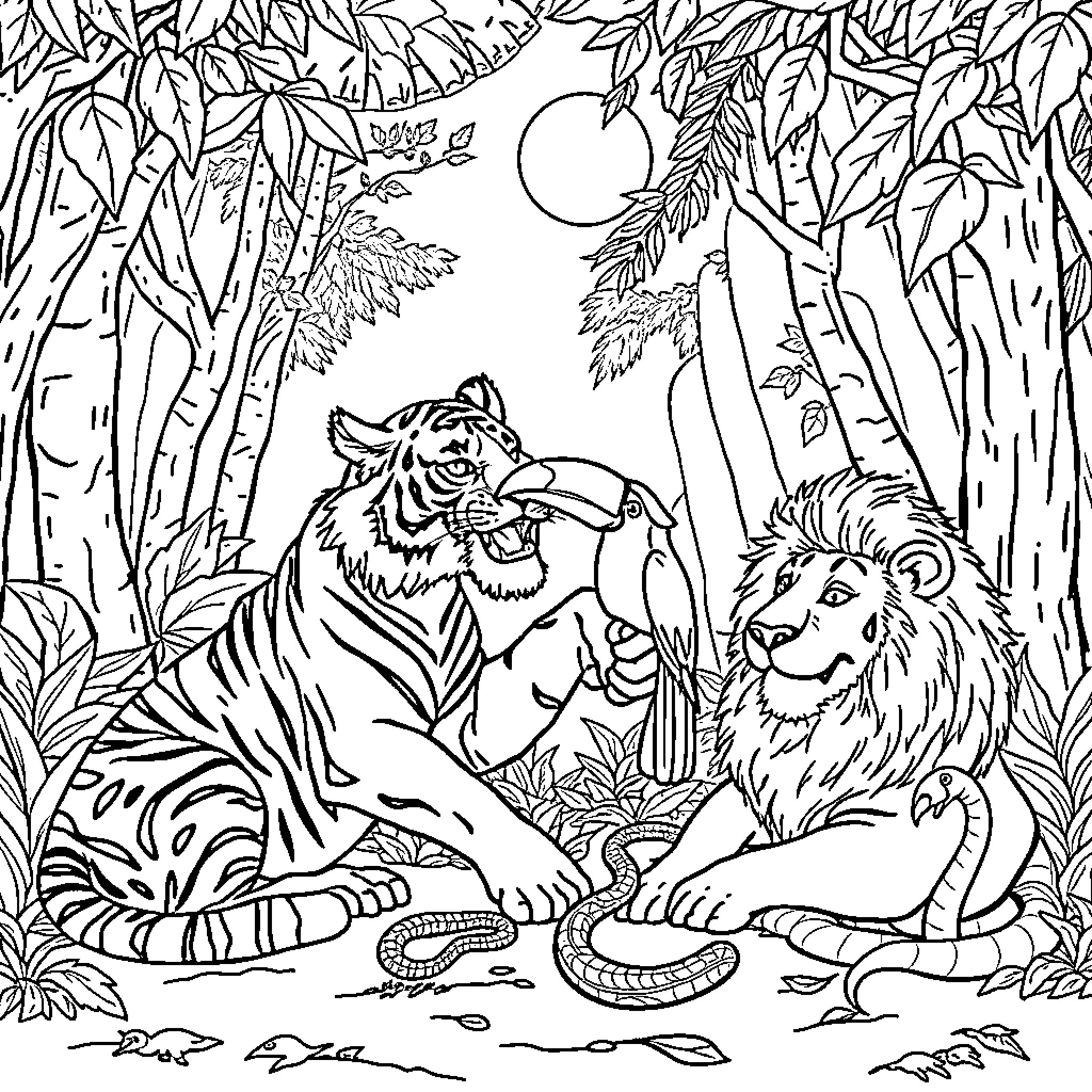 Tiger and Lion Encounter in the Jungle Coloring Page (free black-and-white line drawing printable PDF for all, from beginners to advanced learners, including children, teens, adults, and seniors)