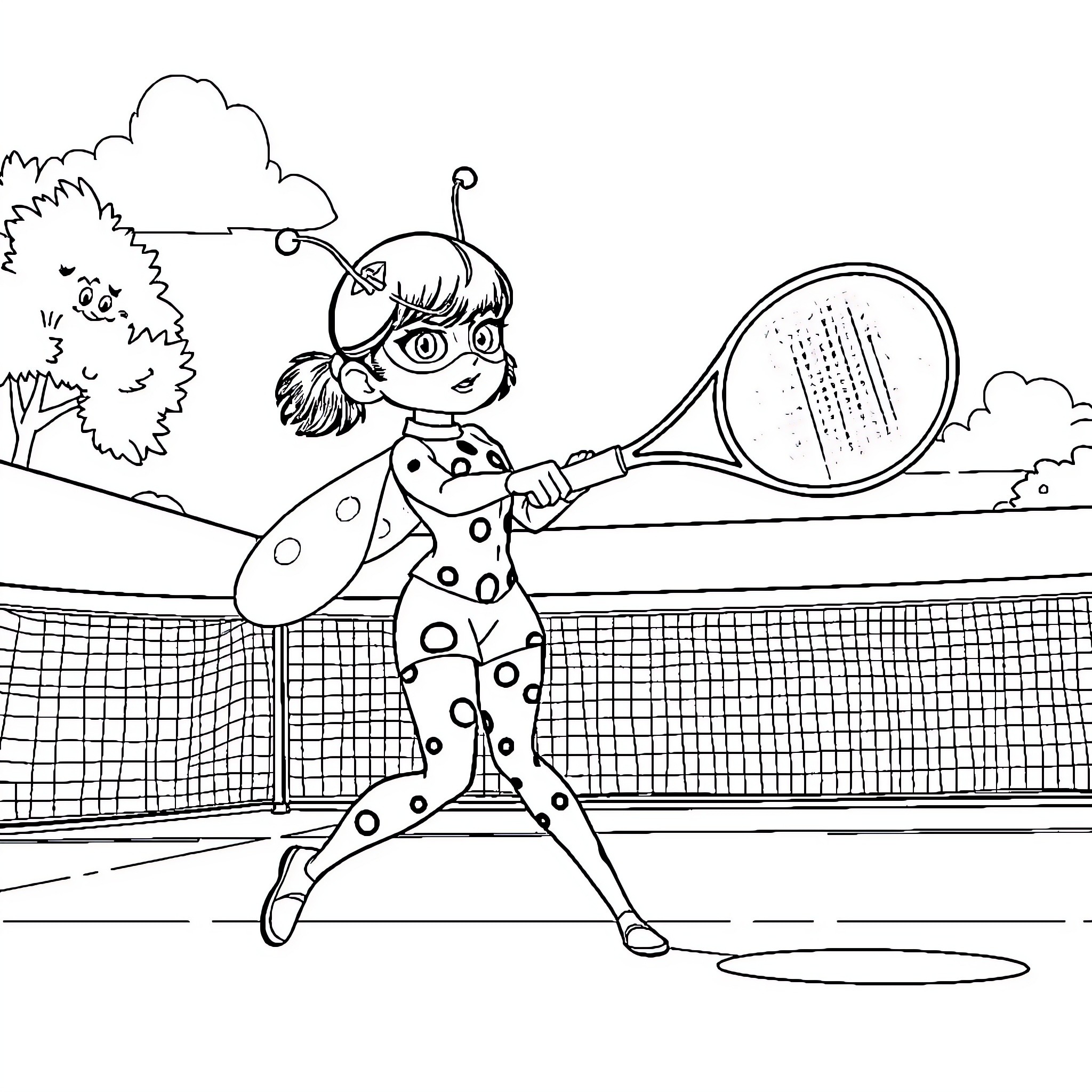 Ladybug playing tennis on the court Coloring Page (free black-and-white line drawing printable PDF for all, from beginners to advanced learners, including children, teens, adults, and seniors)