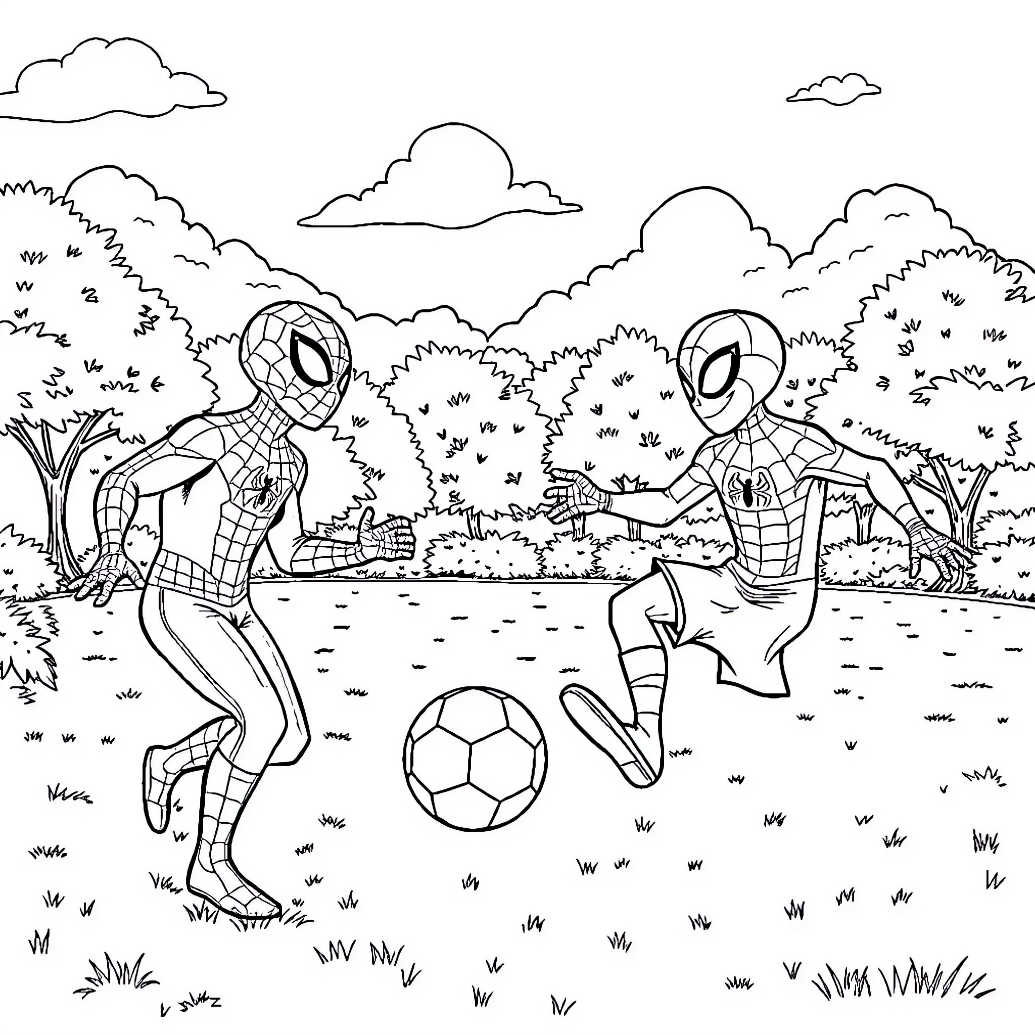 Spiderman playing soccer with friends in the park Coloring Page (free black-and-white line drawing printable PDF for all, from beginners to advanced learners, including children, teens, adults, and seniors)