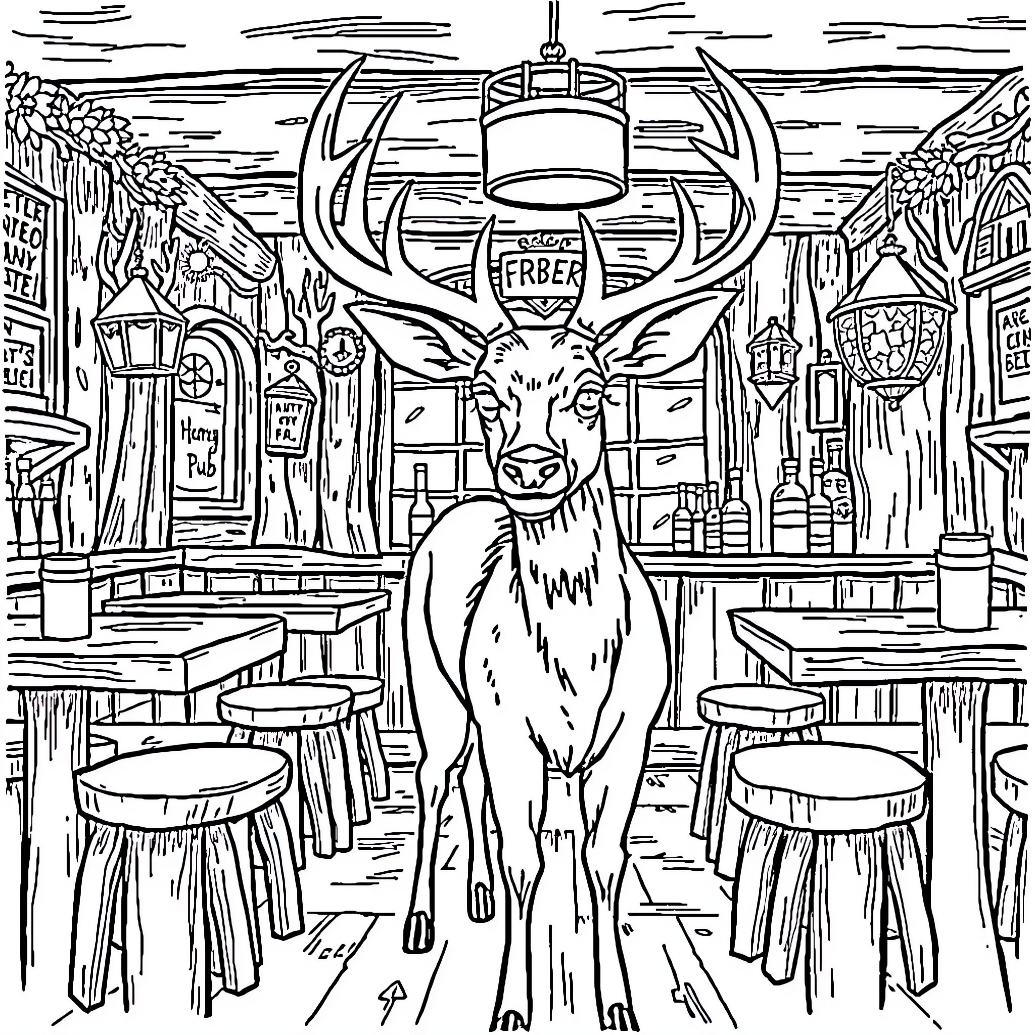 Deer standing proud in a rustic tavern Coloring Page (free black-and-white line drawing printable PDF for all, from beginners to advanced learners, including children, teens, adults, and seniors)