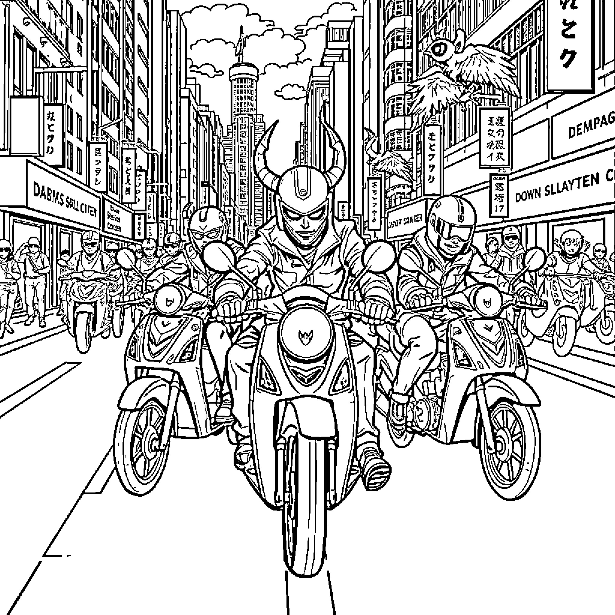 Demon Slayer characters on motorcycles in the city Coloring Page (free black-and-white line drawing printable PDF for all, from beginners to advanced learners, including children, teens, adults, and seniors)