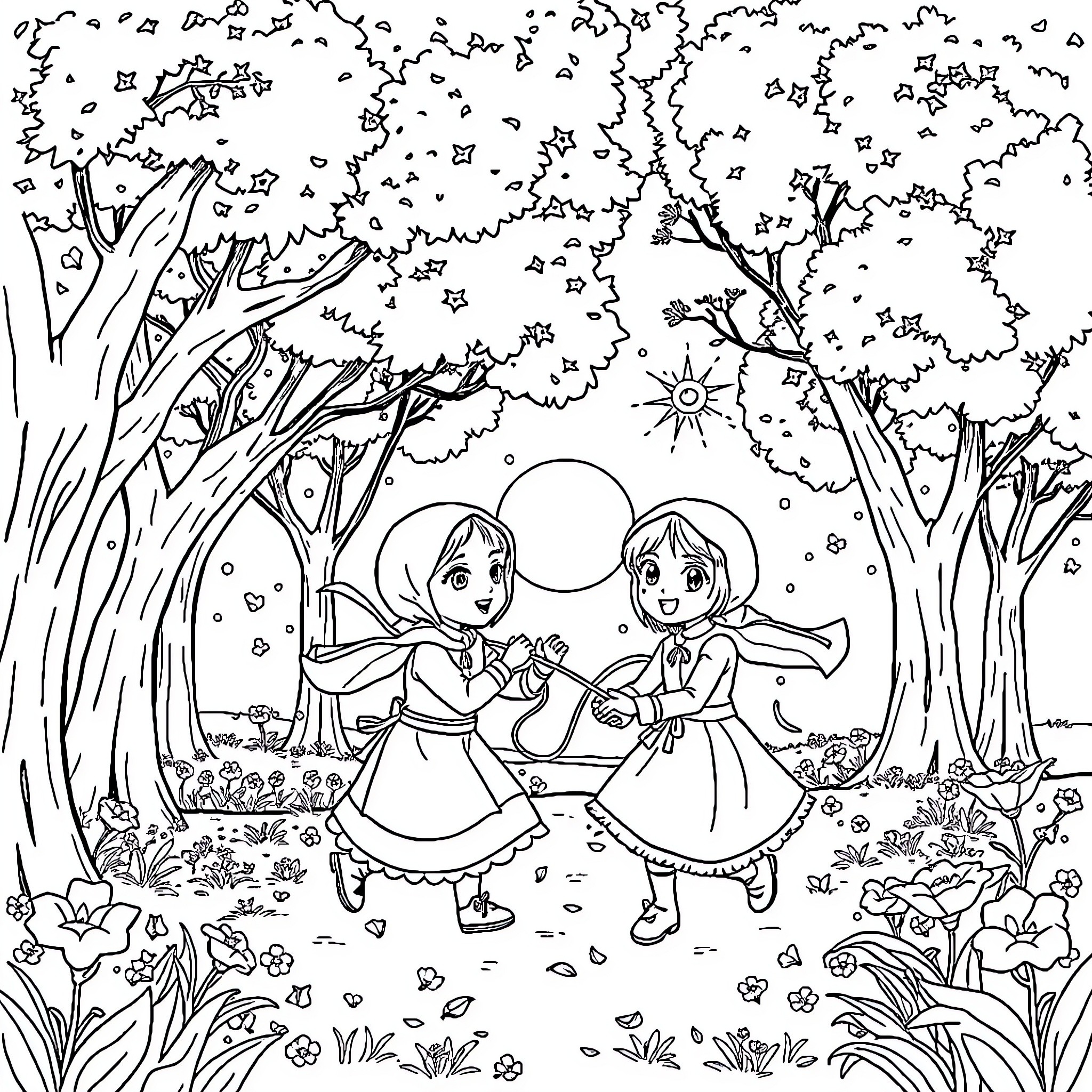 Masha and Bear Enjoy a Playful Stroll in the Forest Coloring Page (free black-and-white line drawing printable PDF for all, from beginners to advanced learners, including children, teens, adults, and seniors)
