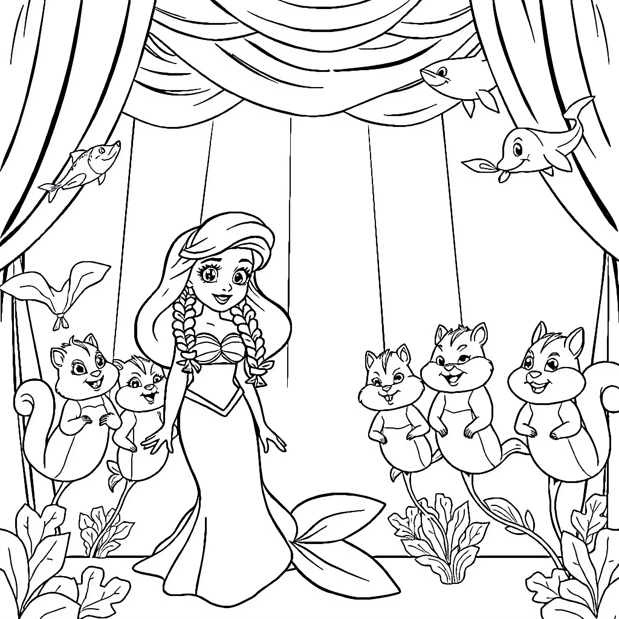 Ariel performing with her animal friends on stage Coloring Page (free black-and-white line drawing printable PDF for all, from beginners to advanced learners, including children, teens, adults, and seniors)