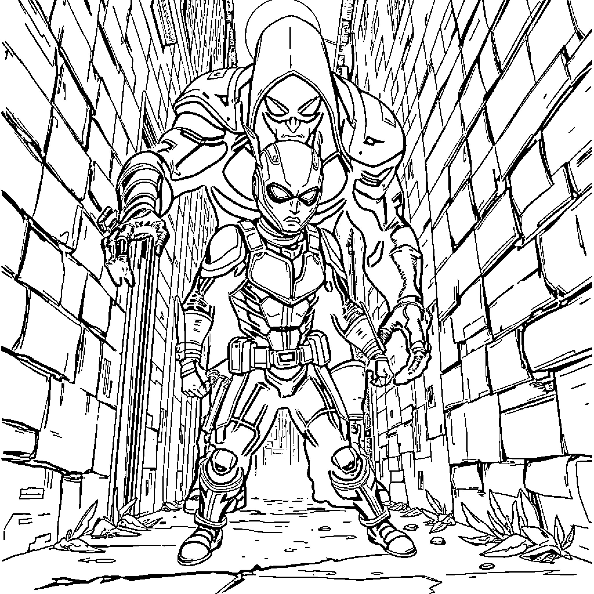 Ant-Man exploring a dangerous urban setting Coloring Page (free black-and-white line drawing printable PDF for all, from beginners to advanced learners, including children, teens, adults, and seniors)