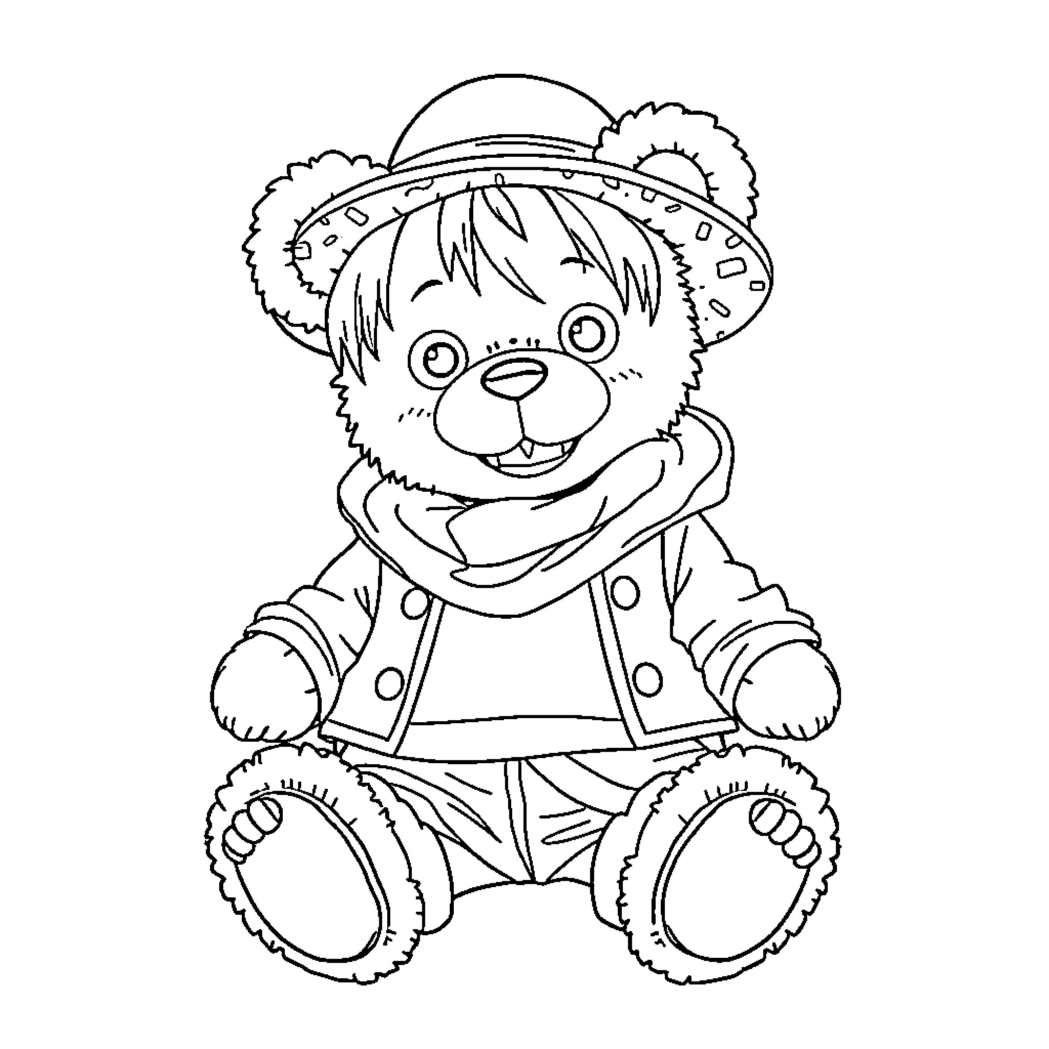 Teddy Bear in Cute Outfit Coloring Page (free black-and-white line drawing printable PDF for all, from beginners to advanced learners, including children, teens, adults, and seniors)