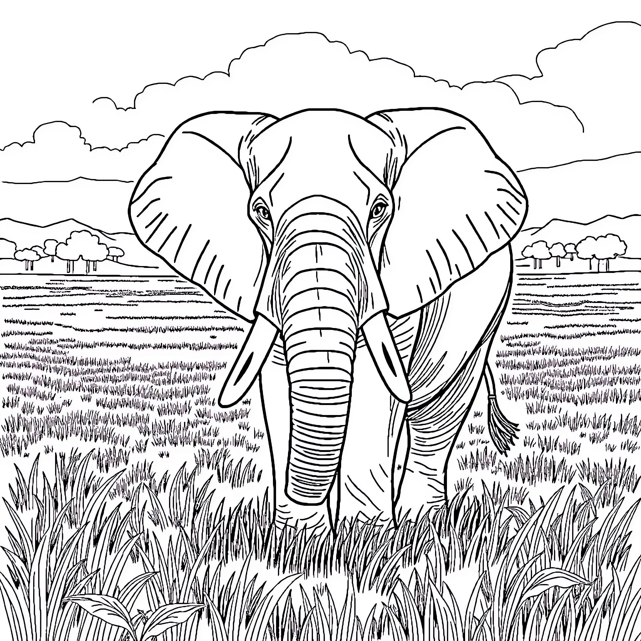 Elephant standing proud in the grasslands Coloring Page (free black-and-white line drawing printable PDF for all, from beginners to advanced learners, including children, teens, adults, and seniors)