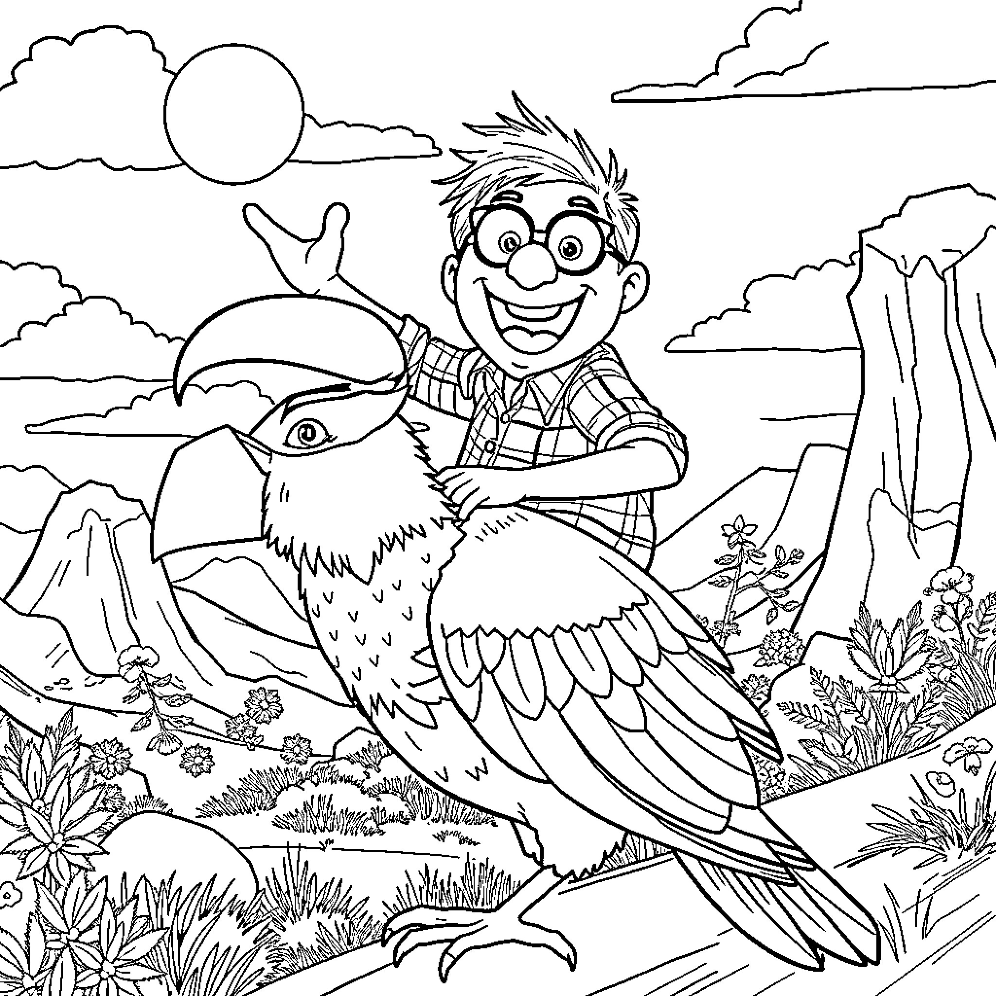 Carl Fredricksen befriends a colorful bird in nature Coloring Page (free black-and-white line drawing printable PDF for all, from beginners to advanced learners, including children, teens, adults, and seniors)