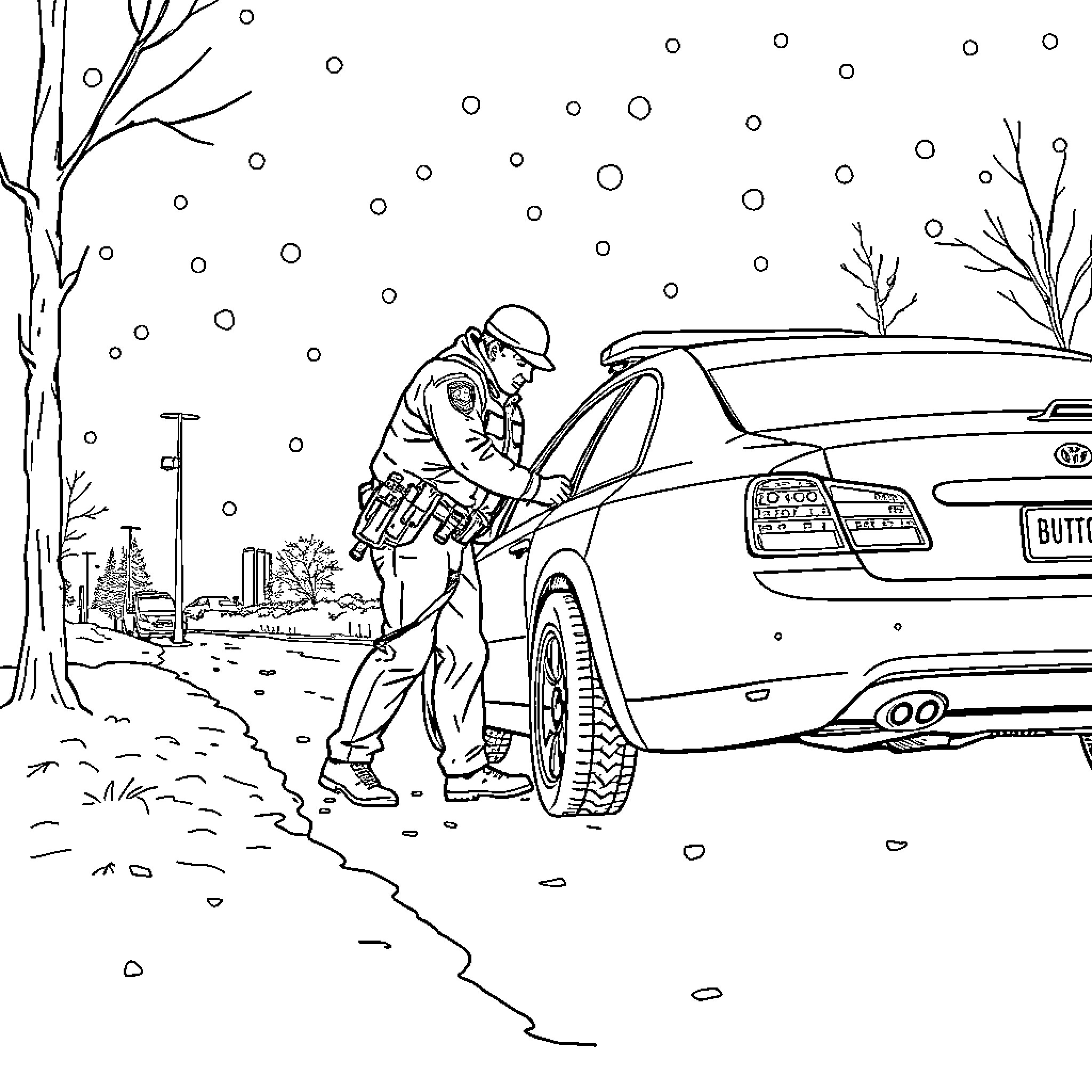 Cop inspecting vehicle during winter conditions Coloring Page (free black-and-white line drawing printable PDF for all, from beginners to advanced learners, including children, teens, adults, and seniors)