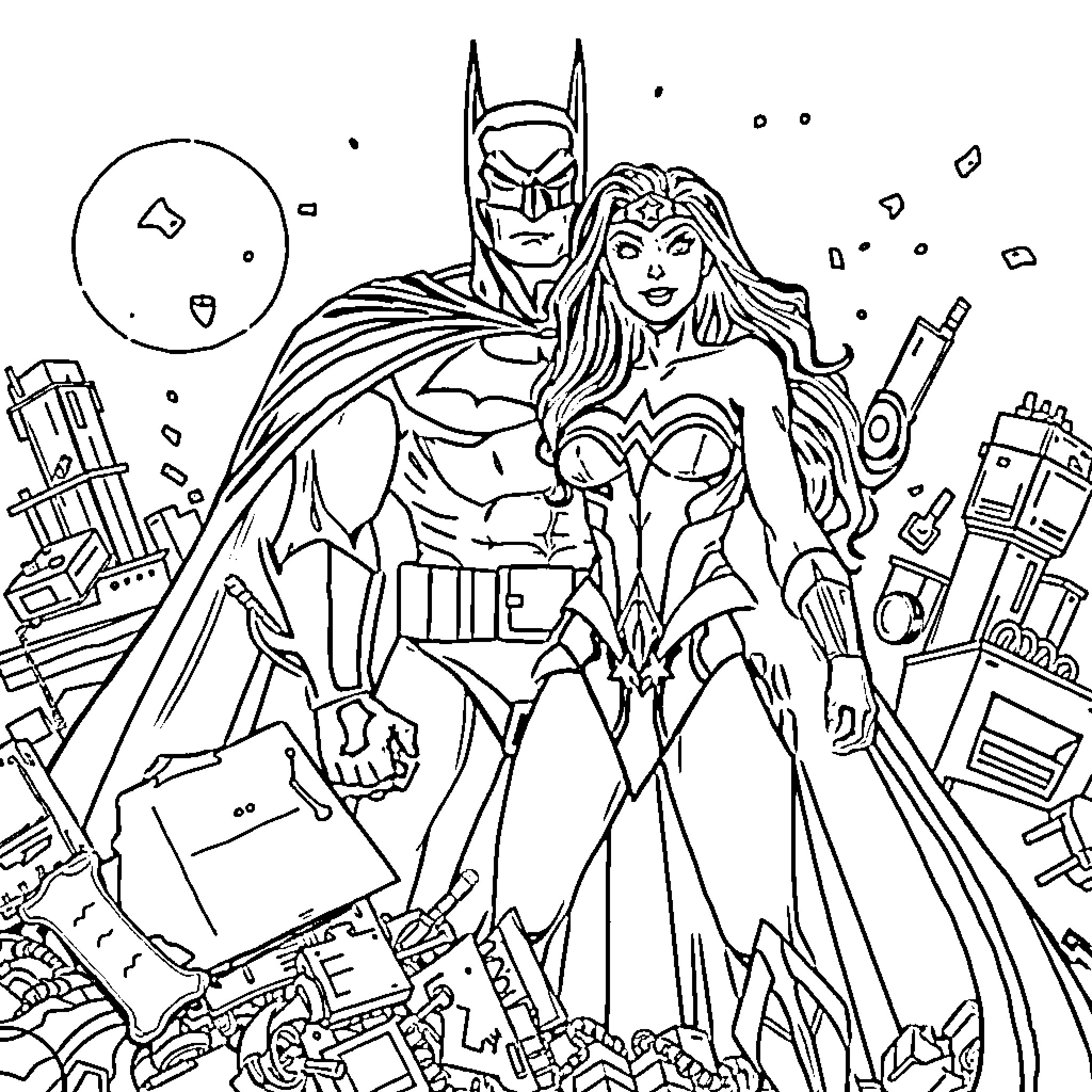 Wonder Woman and Batman in action-packed scene Coloring Page (free black-and-white line drawing printable PDF for all, from beginners to advanced learners, including children, teens, adults, and seniors)