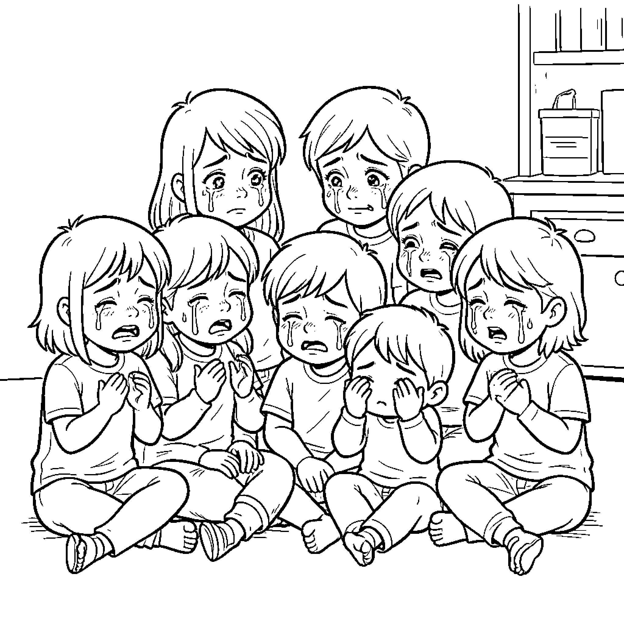 Cry Baby children sitting together and weeping loudly Coloring Page (free black-and-white line drawing printable PDF for all, from beginners to advanced learners, including children, teens, adults, and seniors)