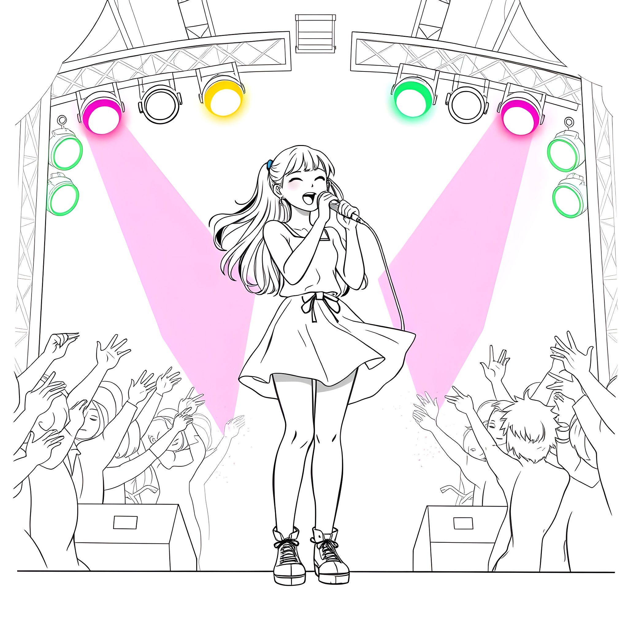 Teen Girl Singing on Stage with Crowd Coloring Page (free black-and-white line drawing printable PDF for all, from beginners to advanced learners, including children, teens, adults, and seniors)