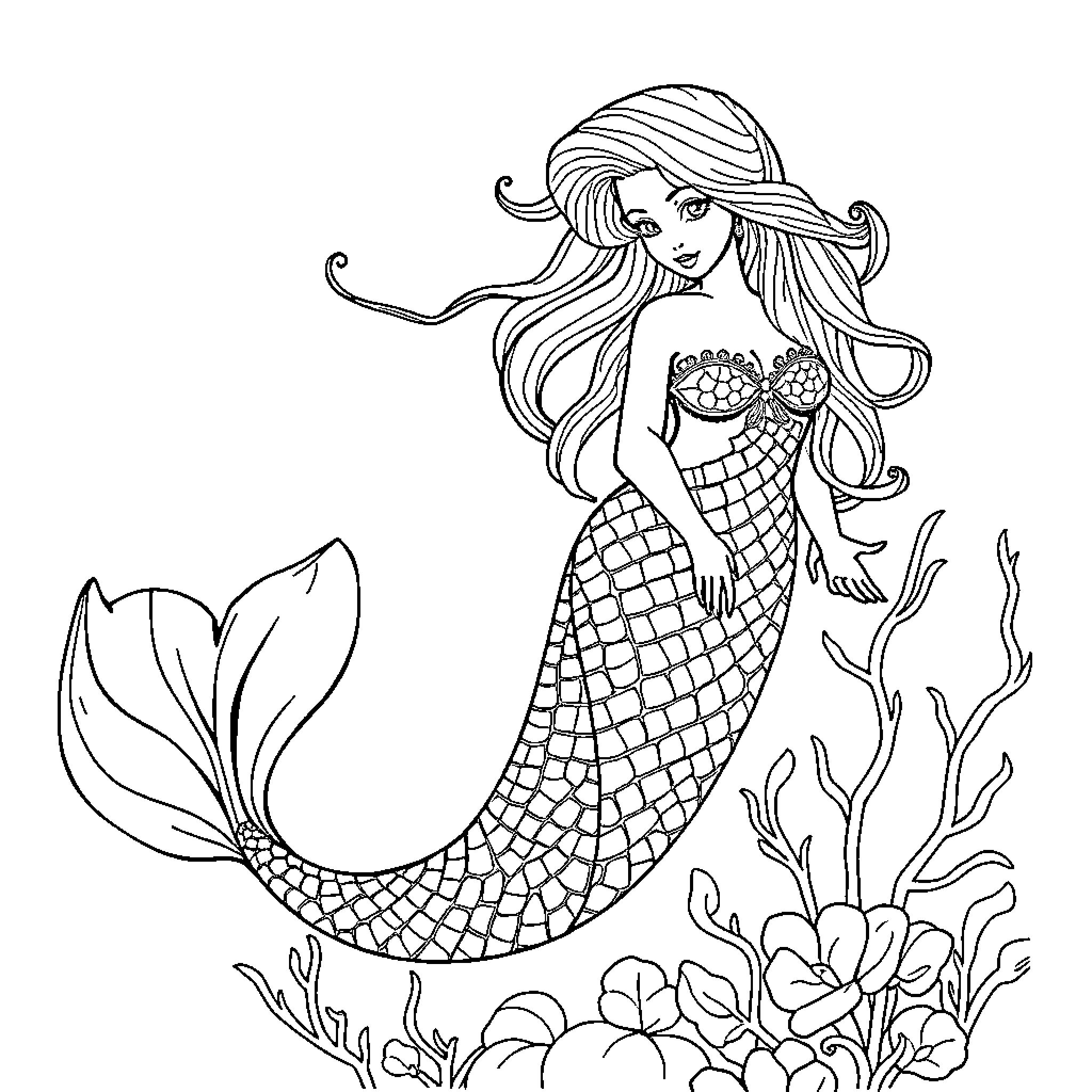 Mermaid with flowing hair swimming among sea plants Coloring Page (free black-and-white line drawing printable PDF for all, from beginners to advanced learners, including children, teens, adults, and seniors)