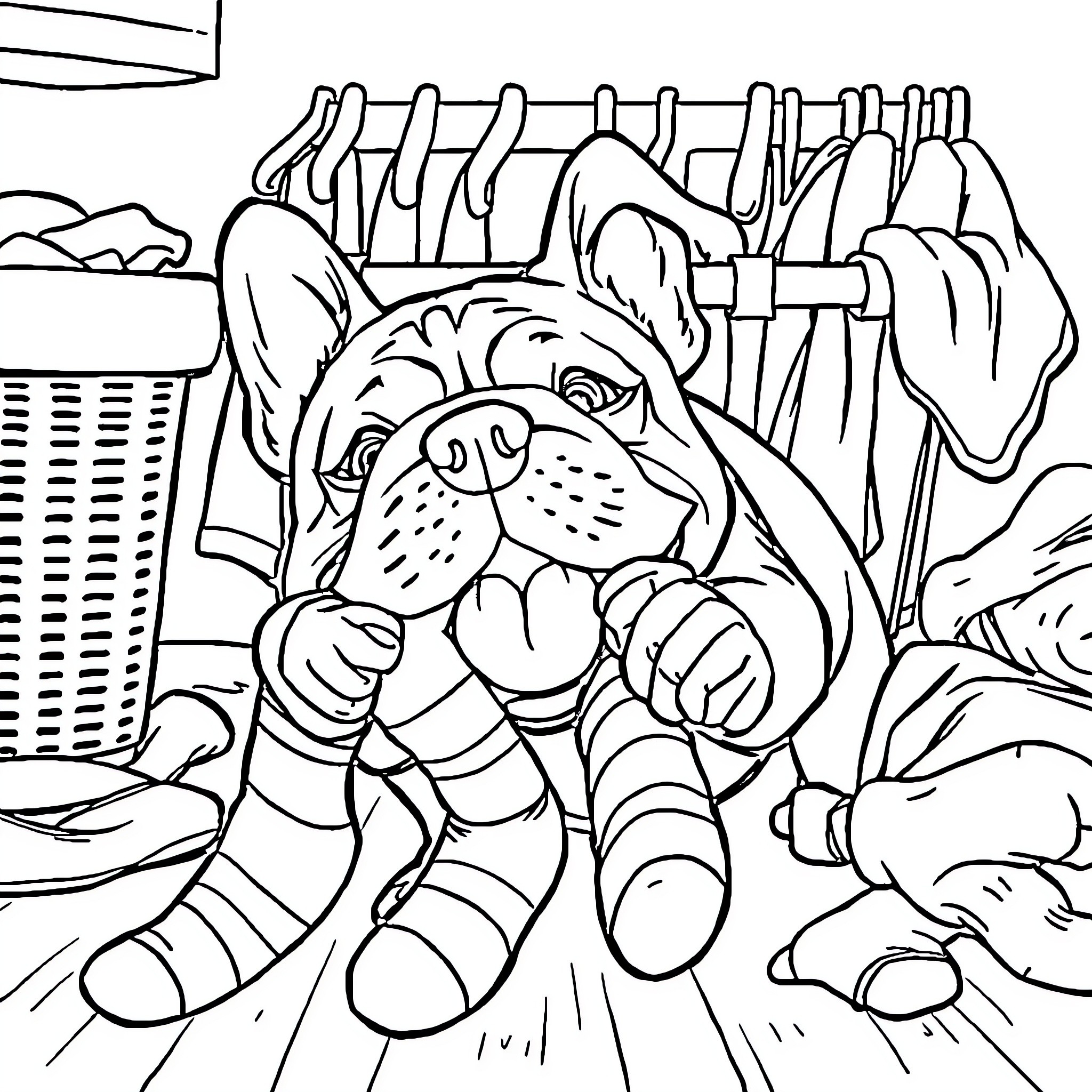 Bulldog Resting Amidst Toys and Household Items Coloring Page (free black-and-white line drawing printable PDF for all, from beginners to advanced learners, including children, teens, adults, and seniors)