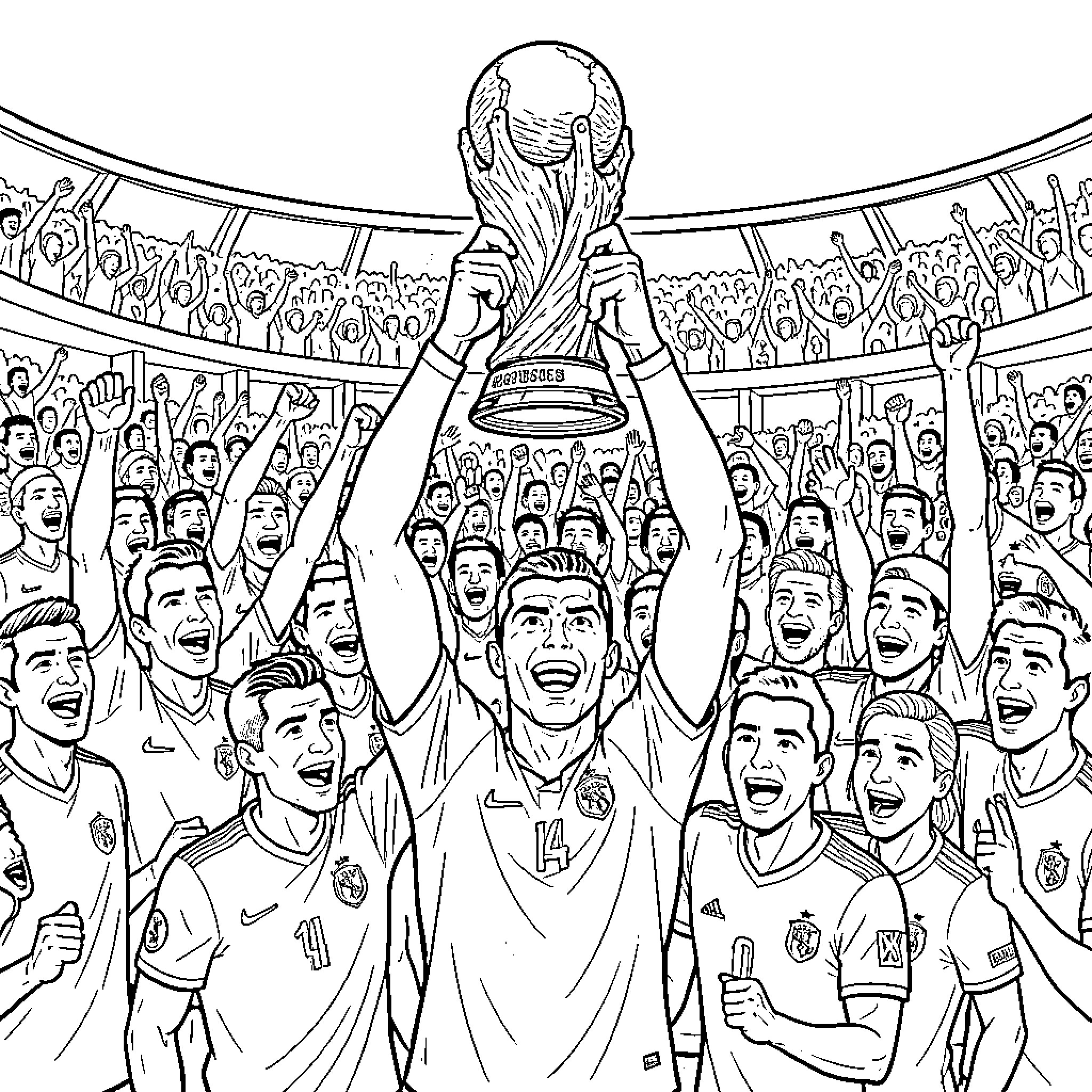 Cristiano Ronaldo celebrating while lifting a championship trophy Coloring Page (free black-and-white line drawing printable PDF for all, from beginners to advanced learners, including children, teens, adults, and seniors)