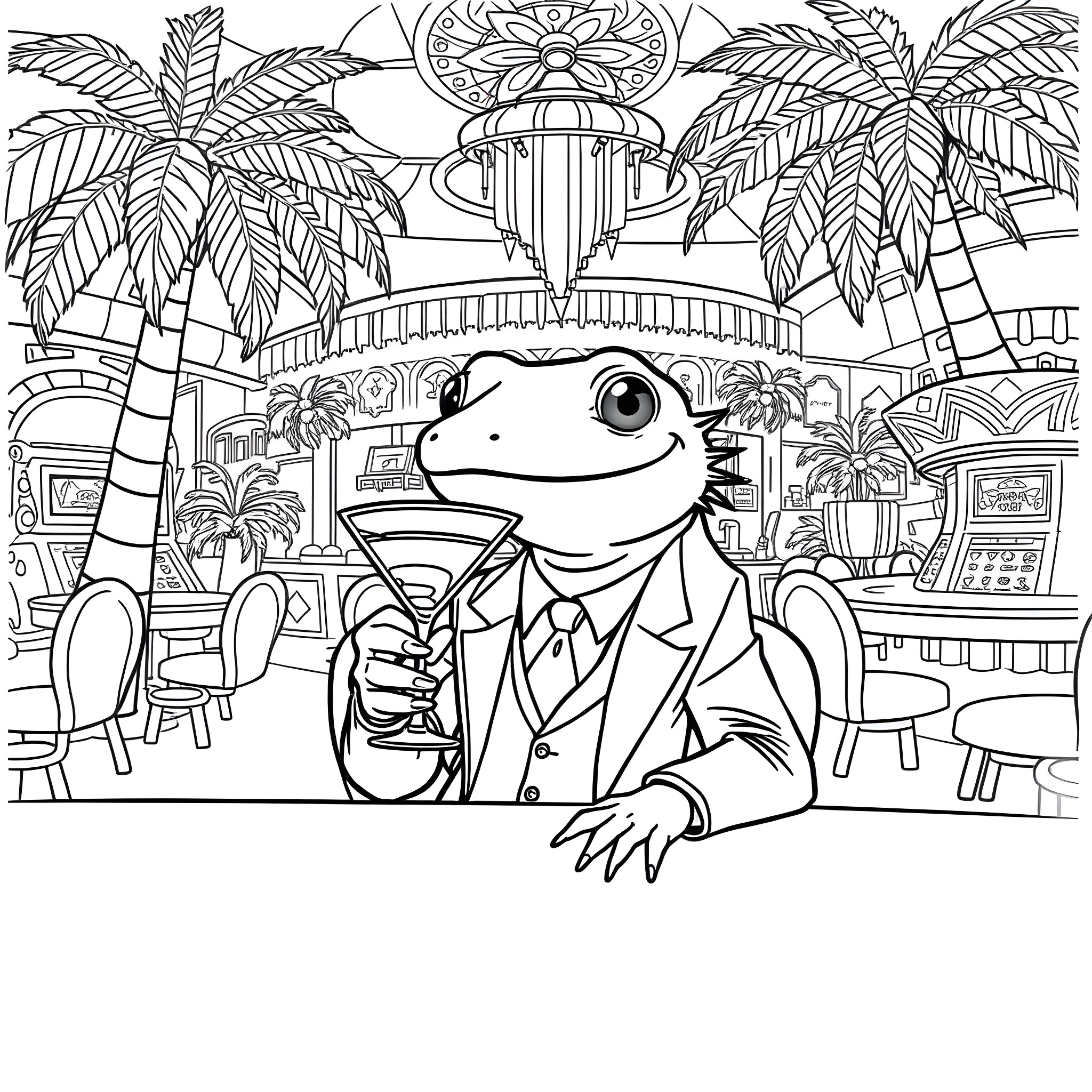 Axolotl enjoying tropical vacation at fancy resort Coloring Page (free black-and-white line drawing printable PDF for all, from beginners to advanced learners, including children, teens, adults, and seniors)