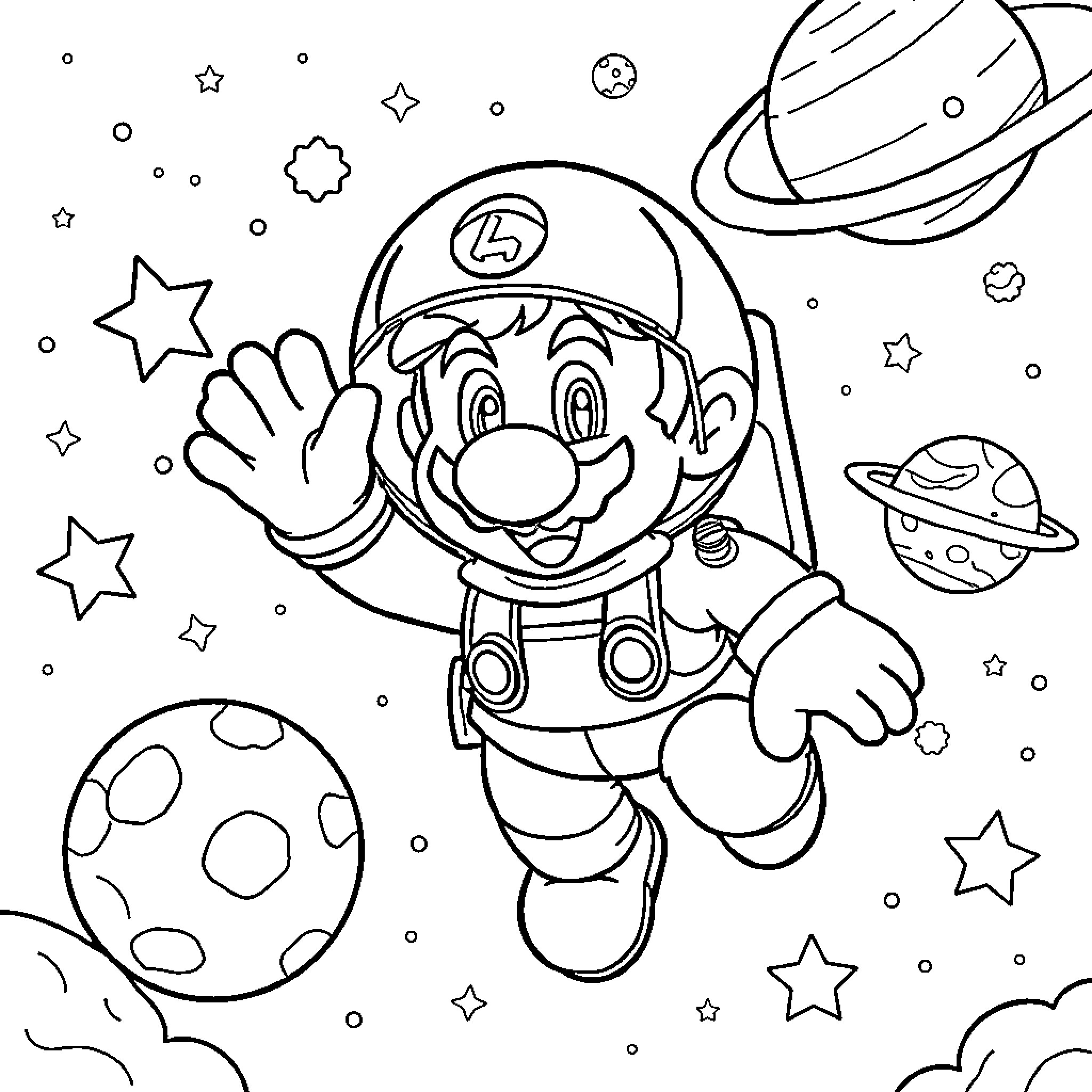 Mario Floating in Space with Planets and Stars Coloring Page (free black-and-white line drawing printable PDF for all, from beginners to advanced learners, including children, teens, adults, and seniors)