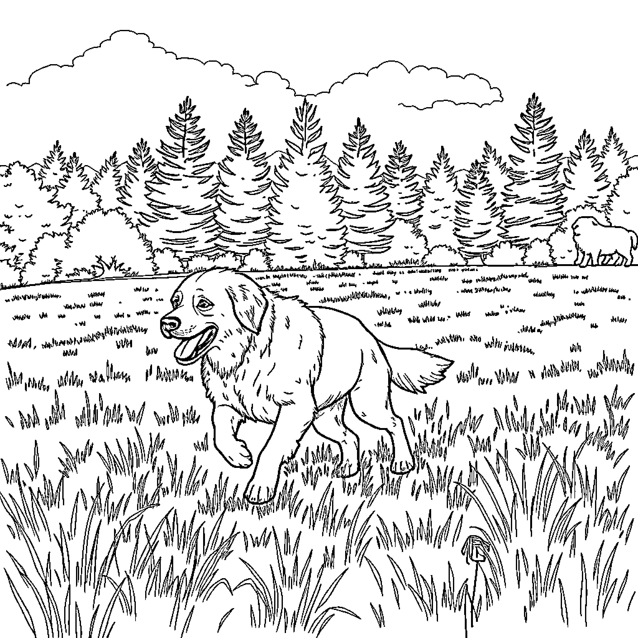 Retriever playing joyfully in the forest Coloring Page (free black-and-white line drawing printable PDF for all, from beginners to advanced learners, including children, teens, adults, and seniors)