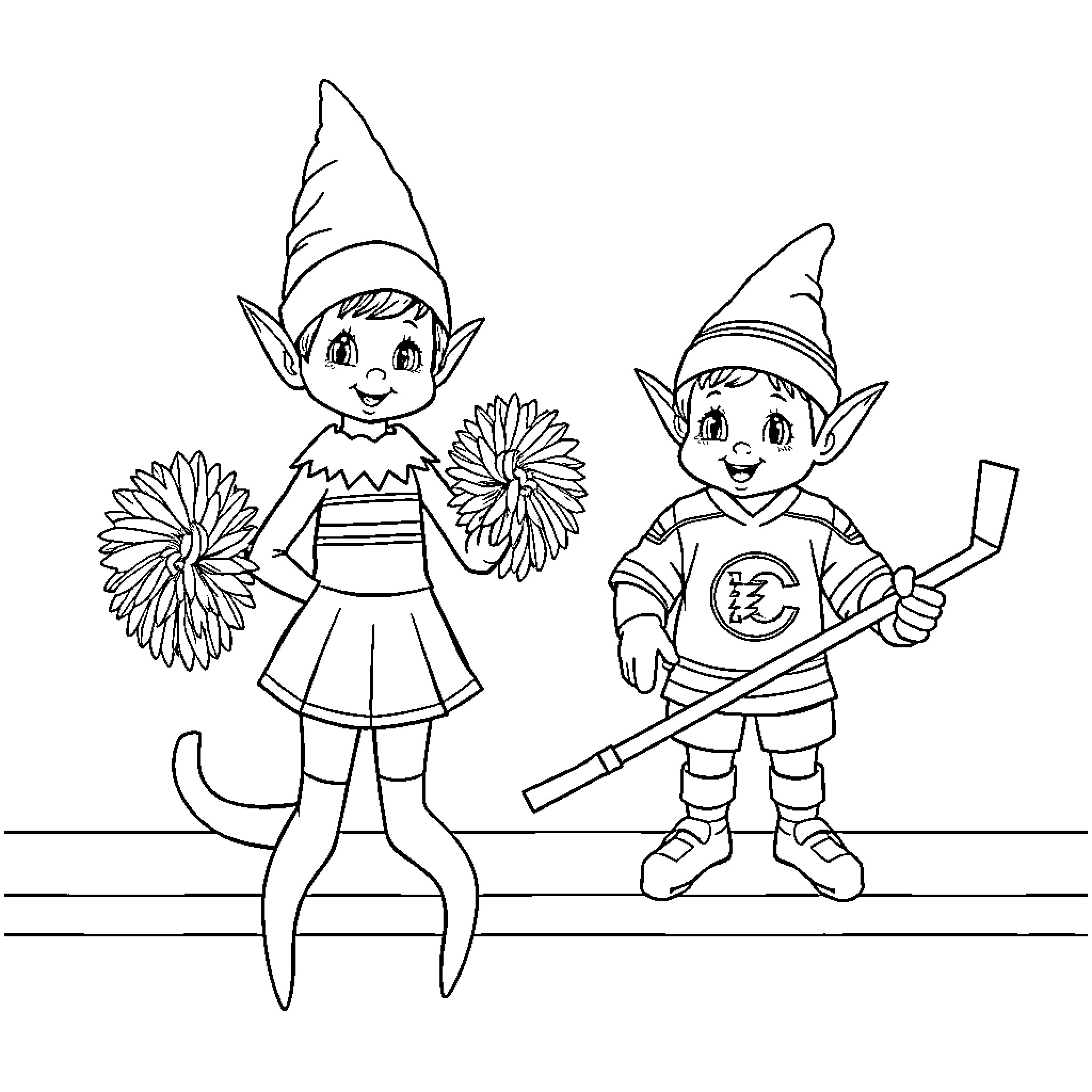 Elf Helpers Assisting with Gardening Tasks Coloring Page (free black-and-white line drawing printable PDF for all, from beginners to advanced learners, including children, teens, adults, and seniors)