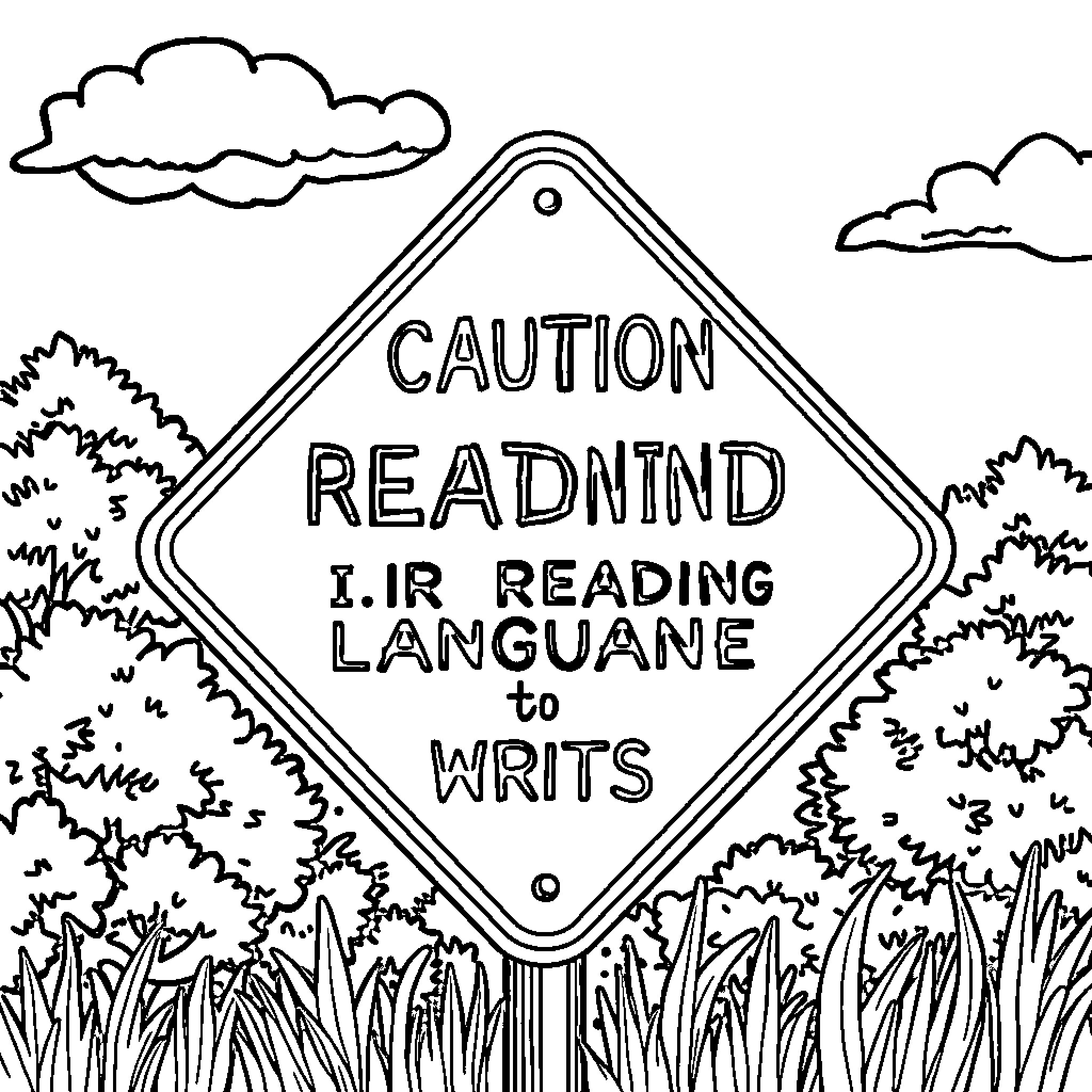 Language Arts Caution: Readmind IR Reading Languane Writs Coloring Page (free black-and-white line drawing printable PDF for all, from beginners to advanced learners, including children, teens, adults, and seniors)