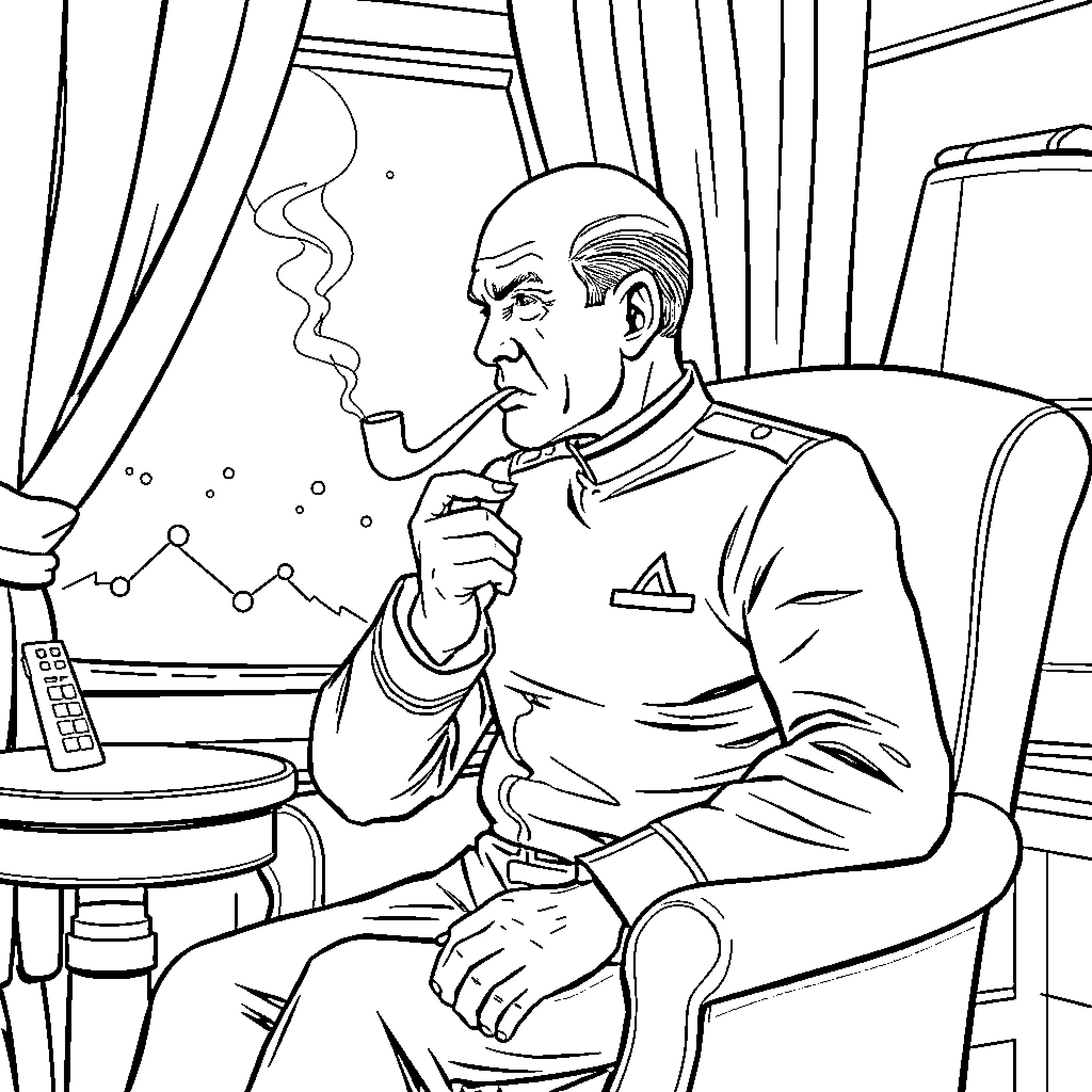 Captain Picard pondering in his quarters Coloring Page (free black-and-white line drawing printable PDF for all, from beginners to advanced learners, including children, teens, adults, and seniors)