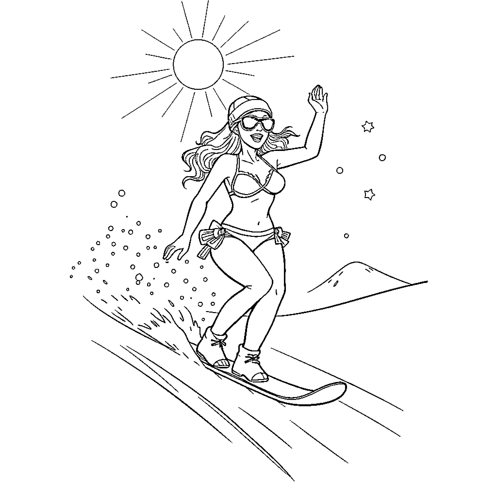 Abby Hornacek surfing in the sunshine Coloring Page (free black-and-white line drawing printable PDF for all, from beginners to advanced learners, including children, teens, adults, and seniors)