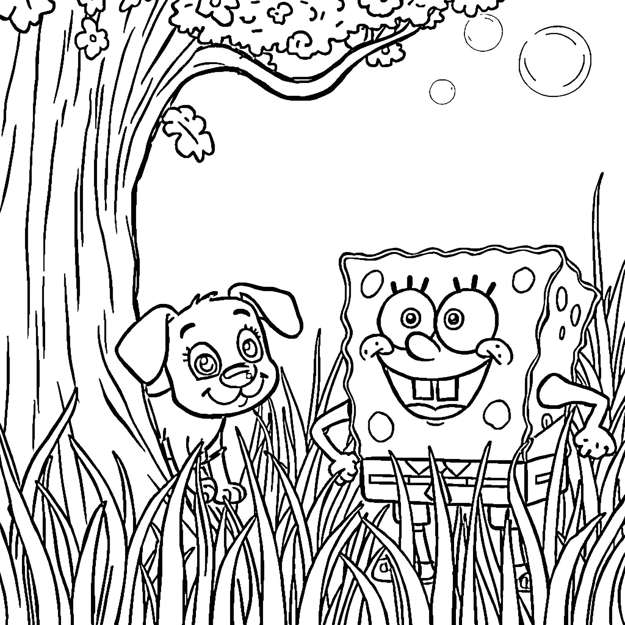 Bluey and SpongeBob explore the enchanted forest Coloring Page (free black-and-white line drawing printable PDF for all, from beginners to advanced learners, including children, teens, adults, and seniors)