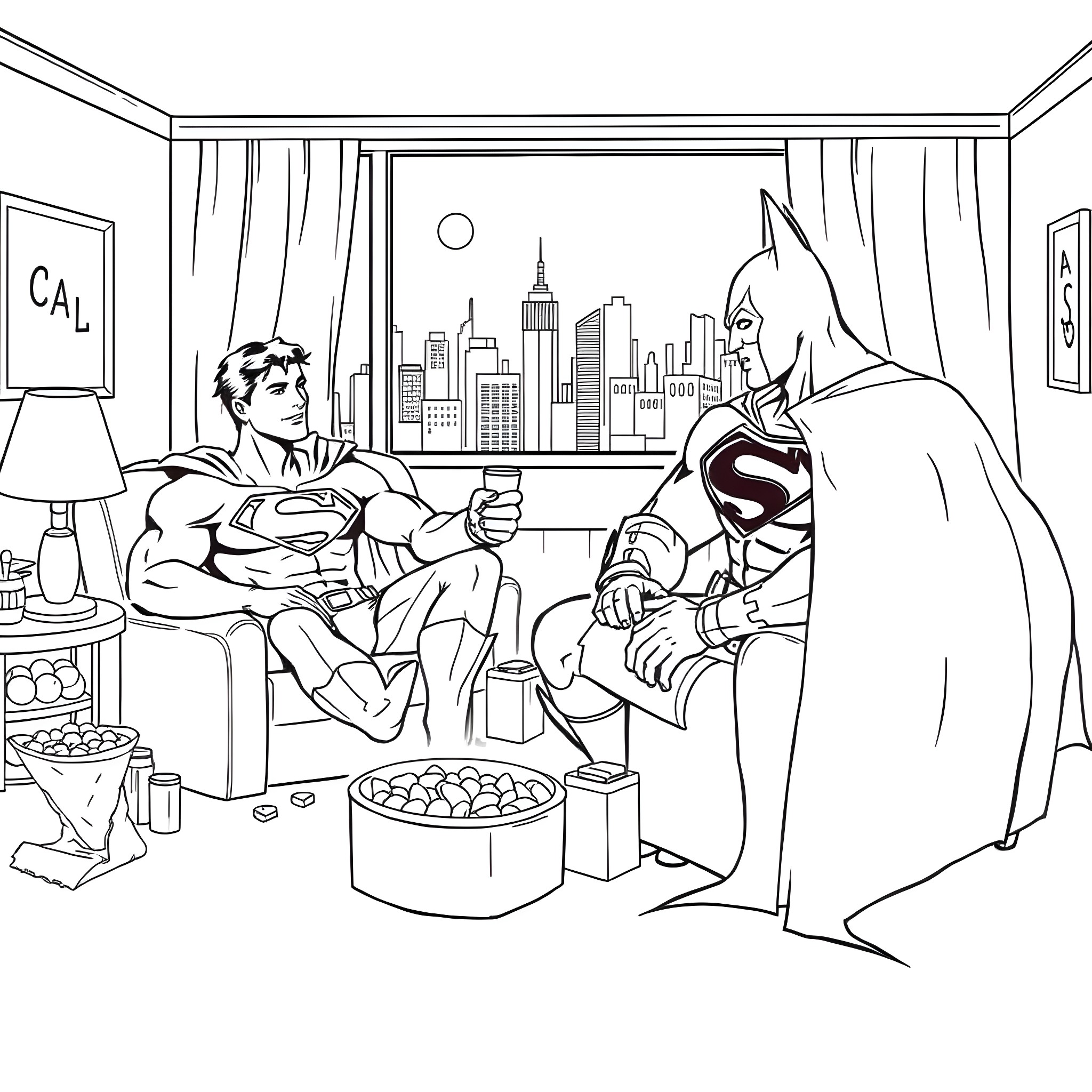 Superman and Batman relaxing together in their apartment Coloring Page (free black-and-white line drawing printable PDF for all, from beginners to advanced learners, including children, teens, adults, and seniors)