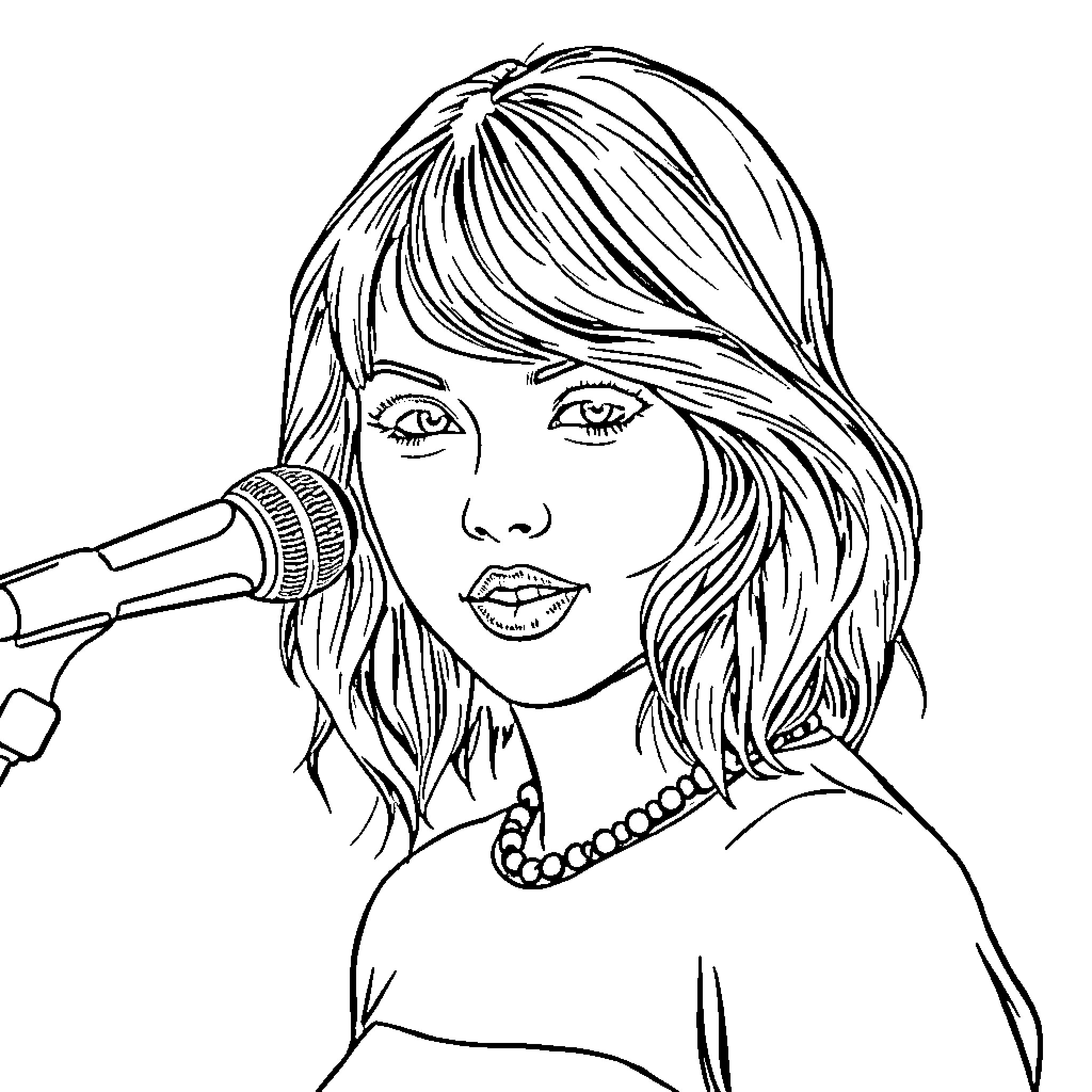 Taylor Swift singing on stage with microphone Coloring Page (free black-and-white line drawing printable PDF for all, from beginners to advanced learners, including children, teens, adults, and seniors)