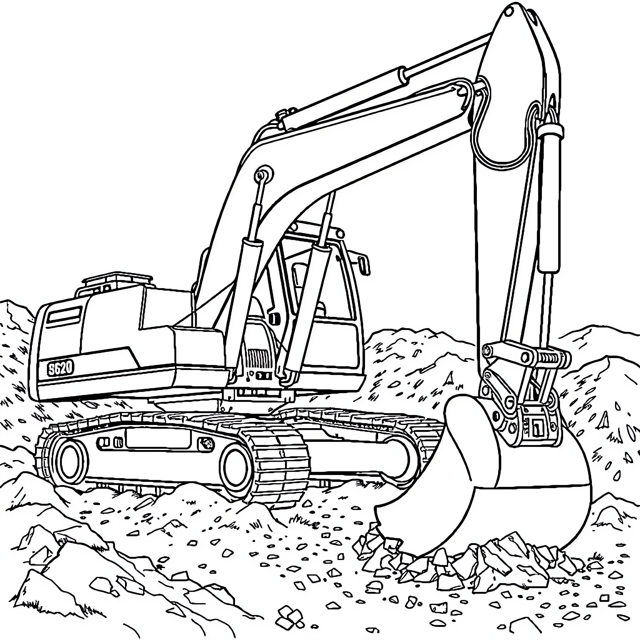 Excavator operating in an outdoor construction site Coloring Page (free black-and-white line drawing printable PDF for all, from beginners to advanced learners, including children, teens, adults, and seniors)
