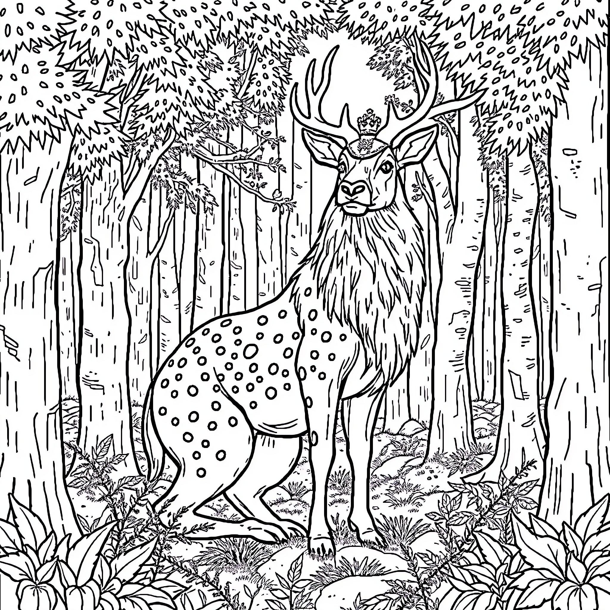 Cerf amidst the enchanted forest Coloring Page (free black-and-white line drawing printable PDF for all, from beginners to advanced learners, including children, teens, adults, and seniors)