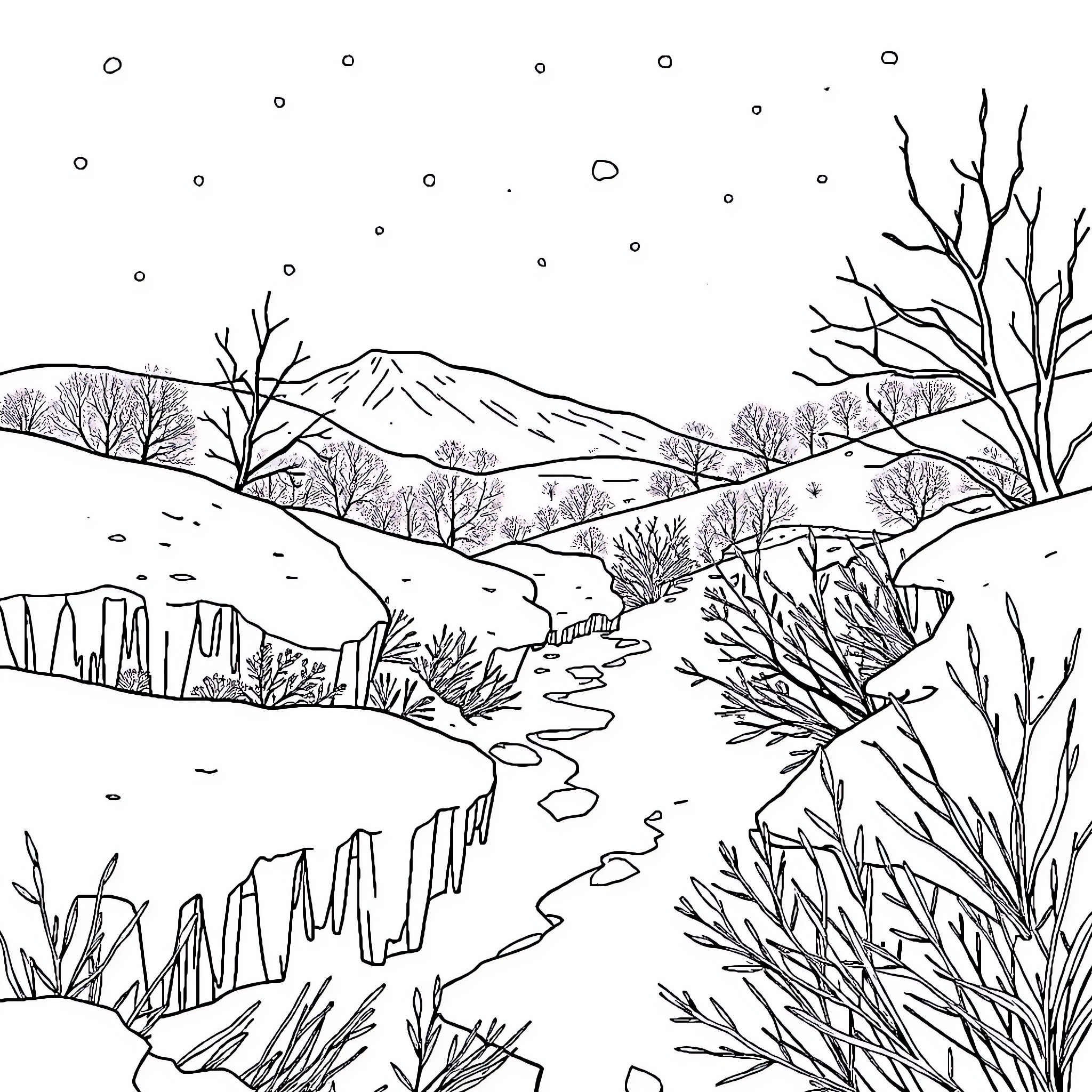 Frozen Winter Landscape with Snowy Path and Bare Trees Coloring Page (free black-and-white line drawing printable PDF for all, from beginners to advanced learners, including children, teens, adults, and seniors)