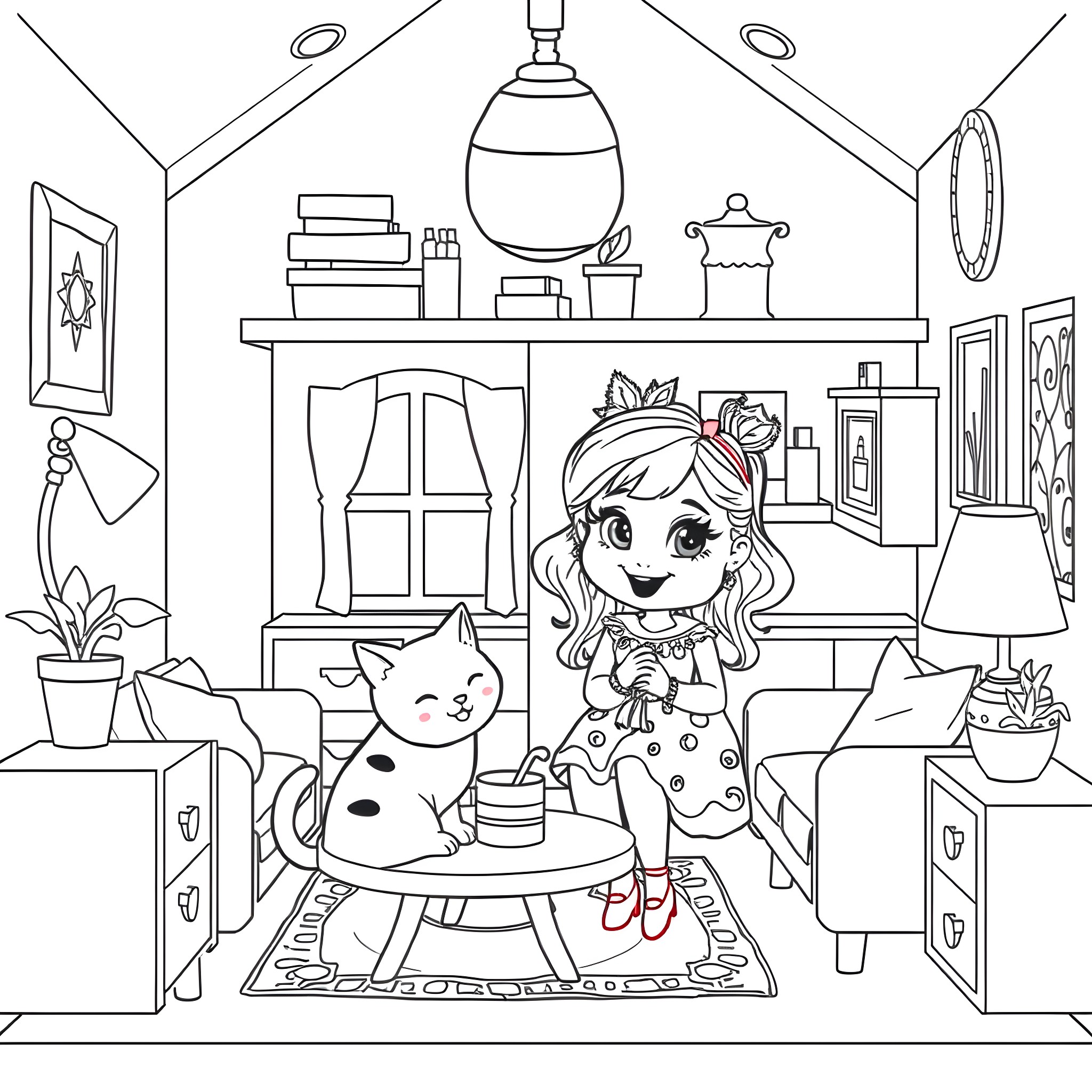Cat and girl in a cozy room Coloring Page (free black-and-white line drawing printable PDF for all, from beginners to advanced learners, including children, teens, adults, and seniors)