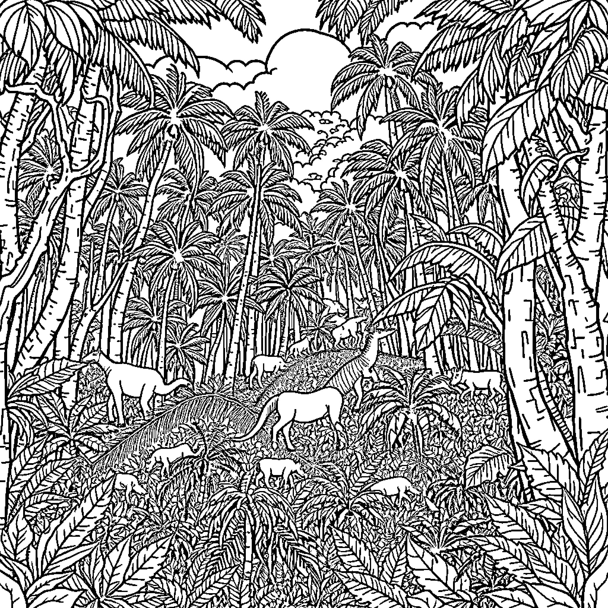 Animal scene in a tropical jungle Coloring Page (free black-and-white line drawing printable PDF for all, from beginners to advanced learners, including children, teens, adults, and seniors)