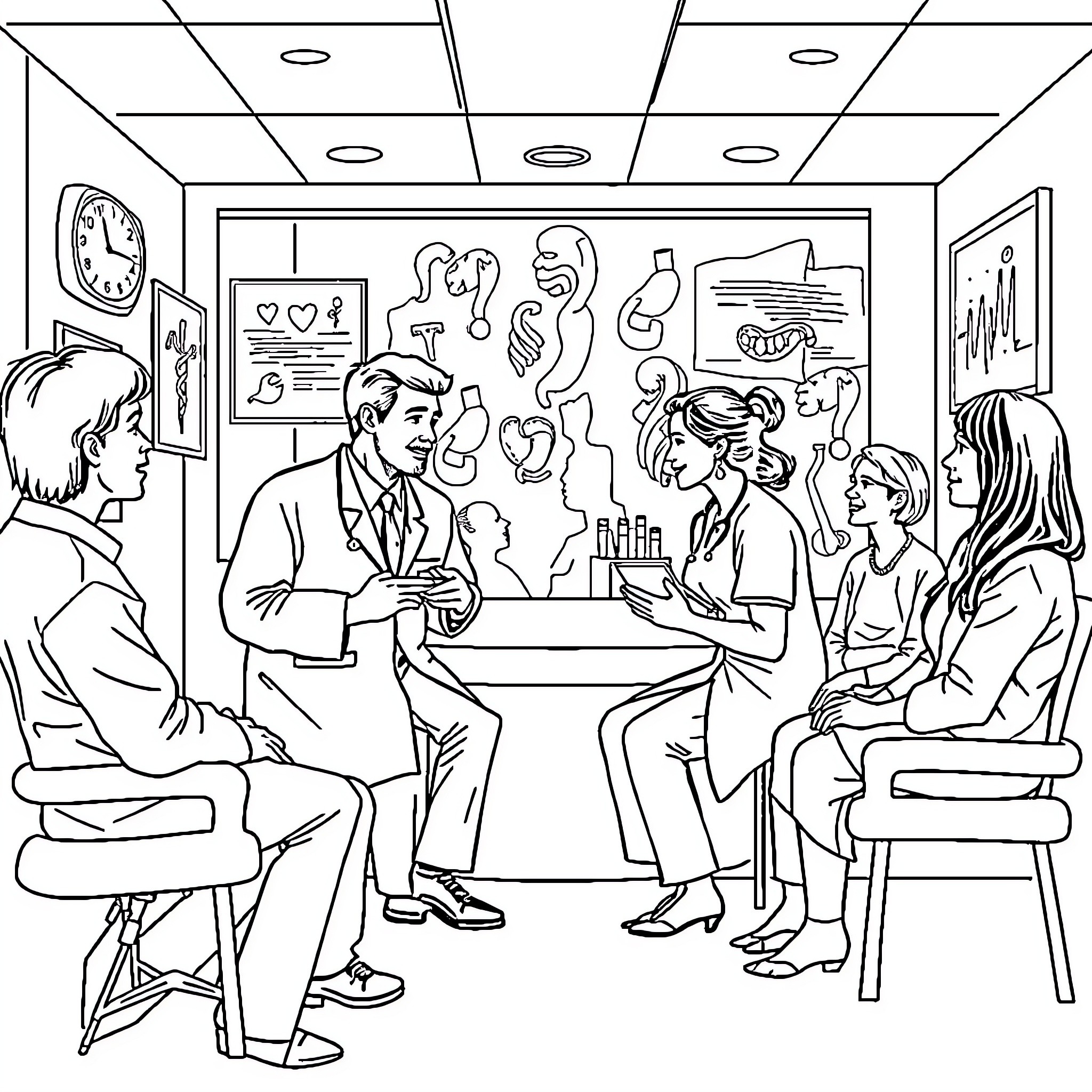 Gastroenterology professionals discussing medical cases Coloring Page (free black-and-white line drawing printable PDF for all, from beginners to advanced learners, including children, teens, adults, and seniors)