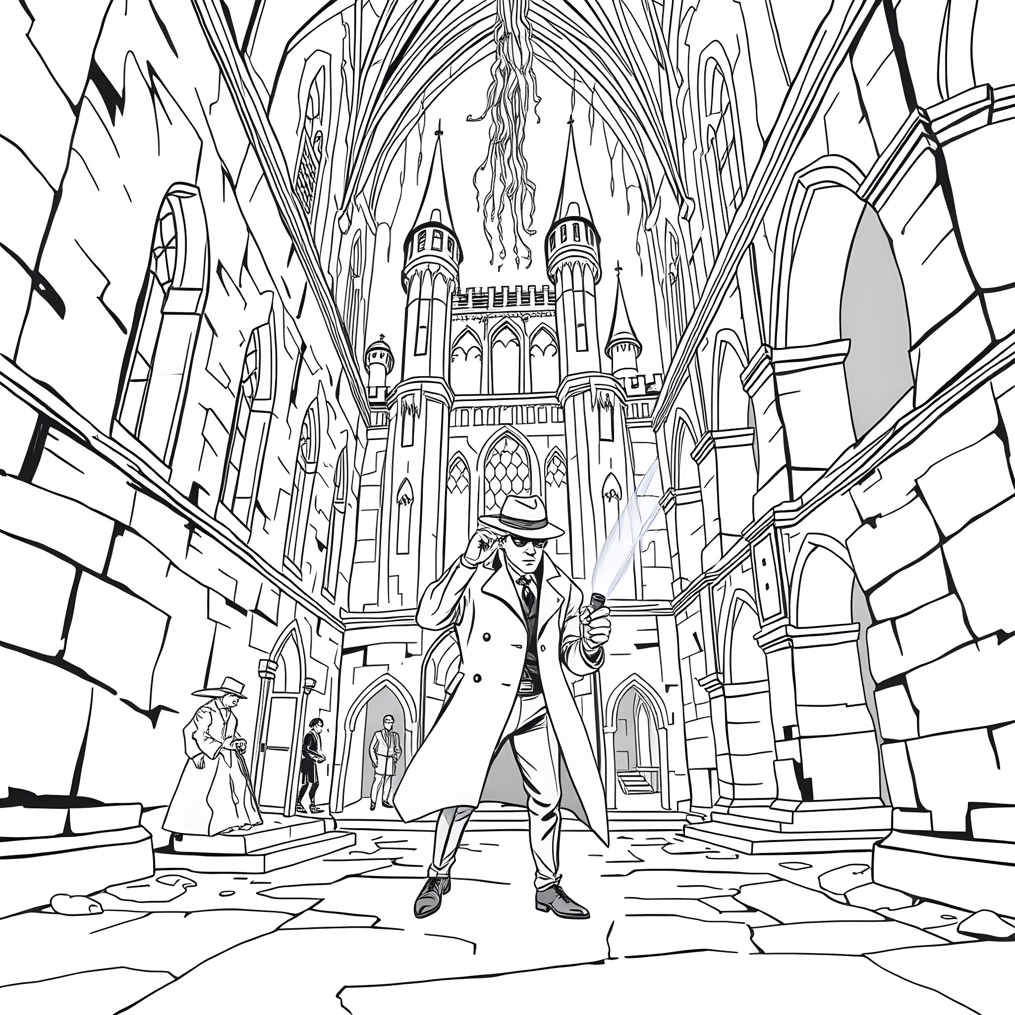 Detective Investigates Mysterious Cathedral Coloring Page (free black-and-white line drawing printable PDF for all, from beginners to advanced learners, including children, teens, adults, and seniors)