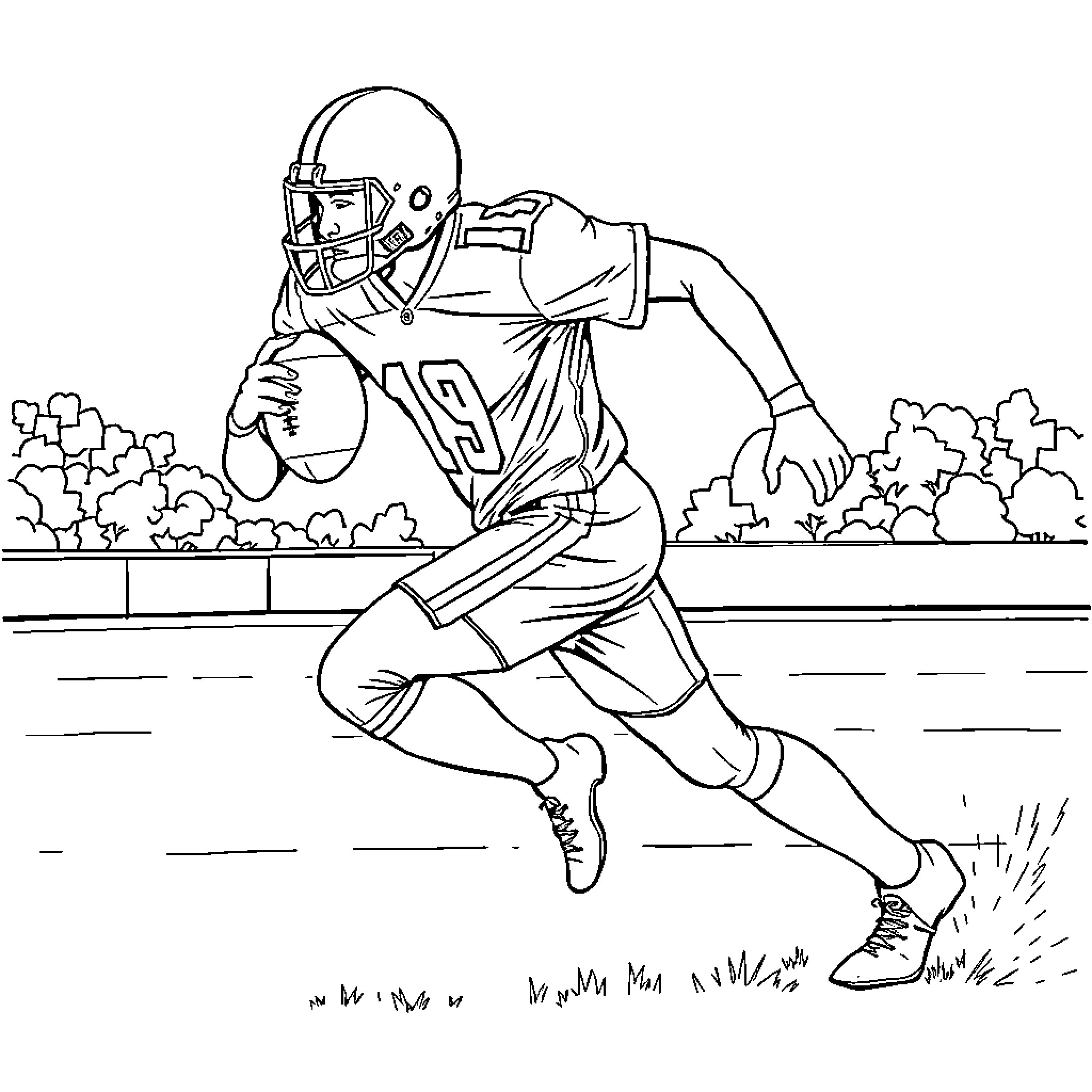 Football Player Running With Ball on Field Coloring Page (free black-and-white line drawing printable PDF for all, from beginners to advanced learners, including children, teens, adults, and seniors)