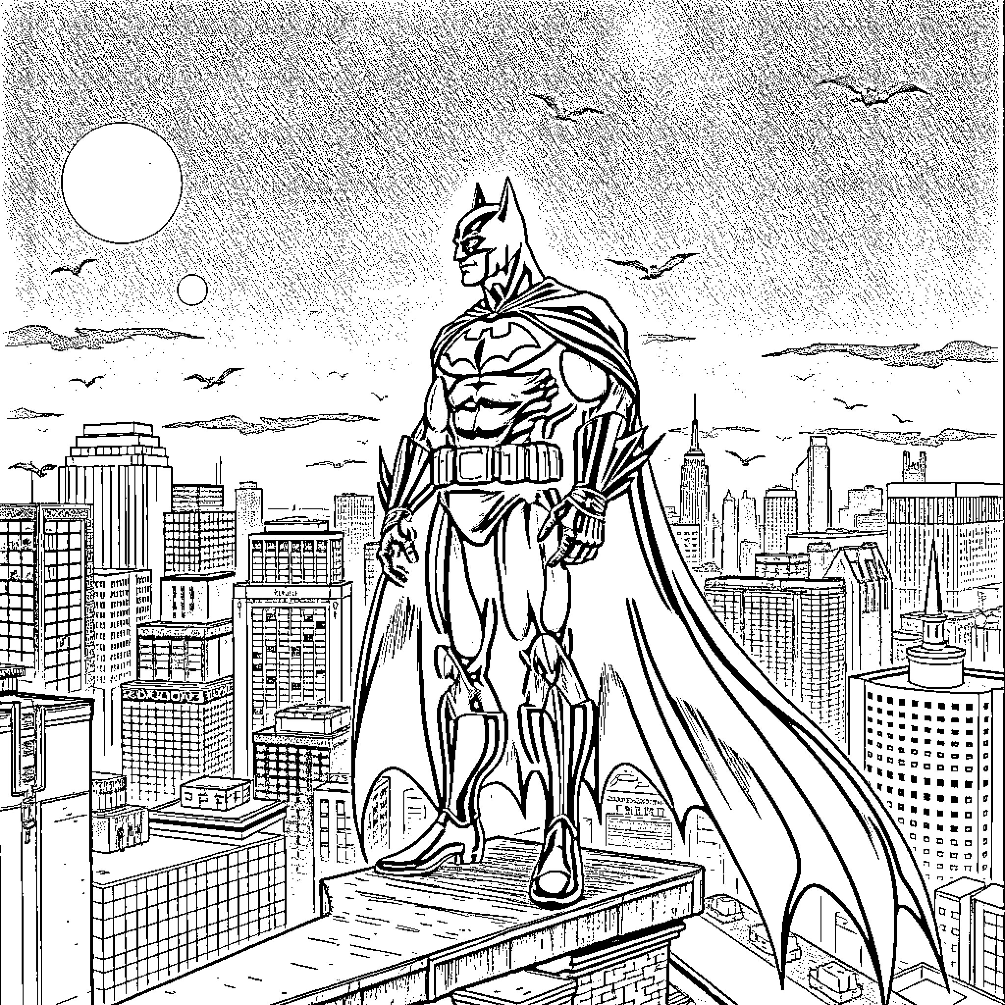 Batman overlooking the city Coloring Page (free black-and-white line drawing printable PDF for all, from beginners to advanced learners, including children, teens, adults, and seniors)
