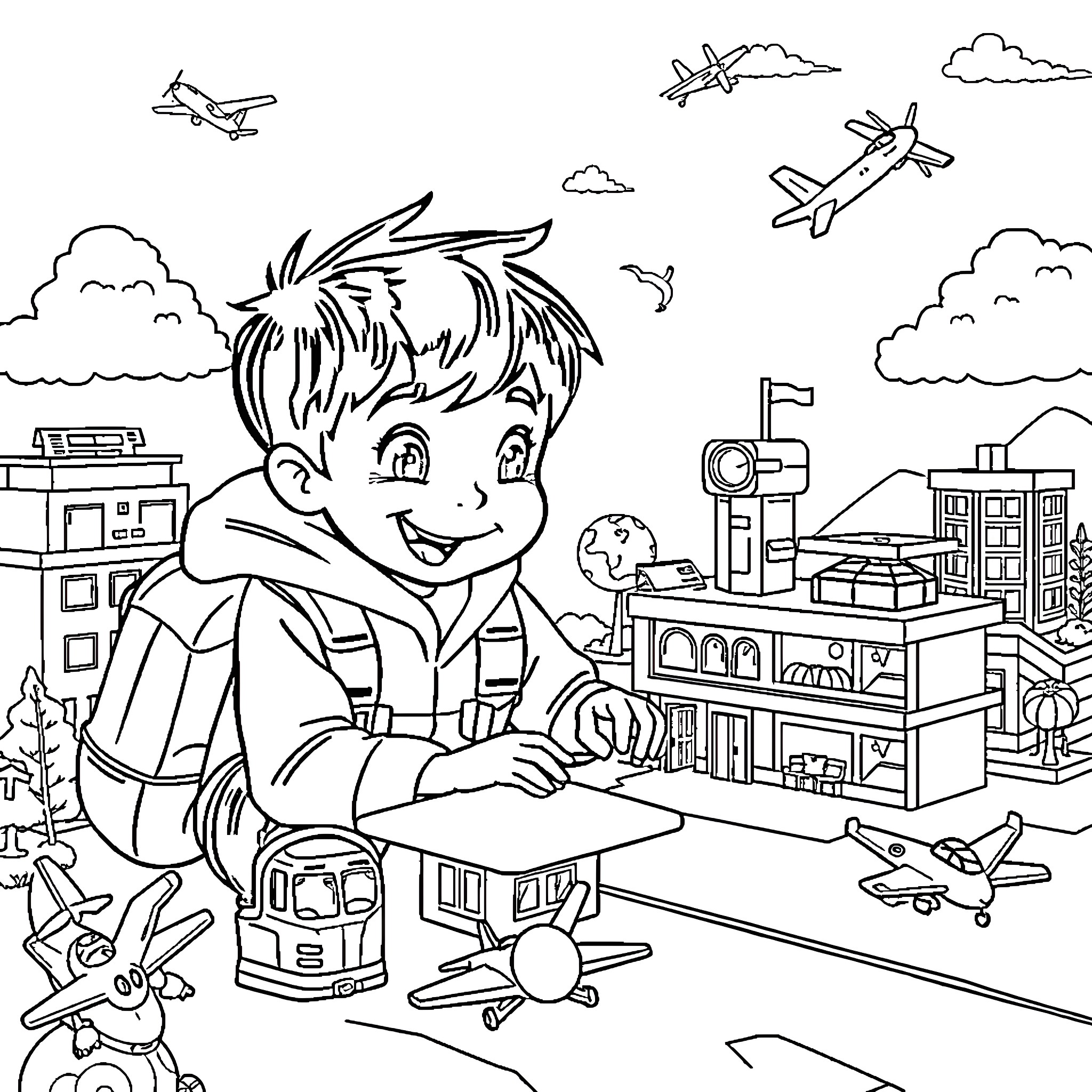 Boy playing with model airplane toys in an airport scene Coloring Page (free black-and-white line drawing printable PDF for all, from beginners to advanced learners, including children, teens, adults, and seniors)