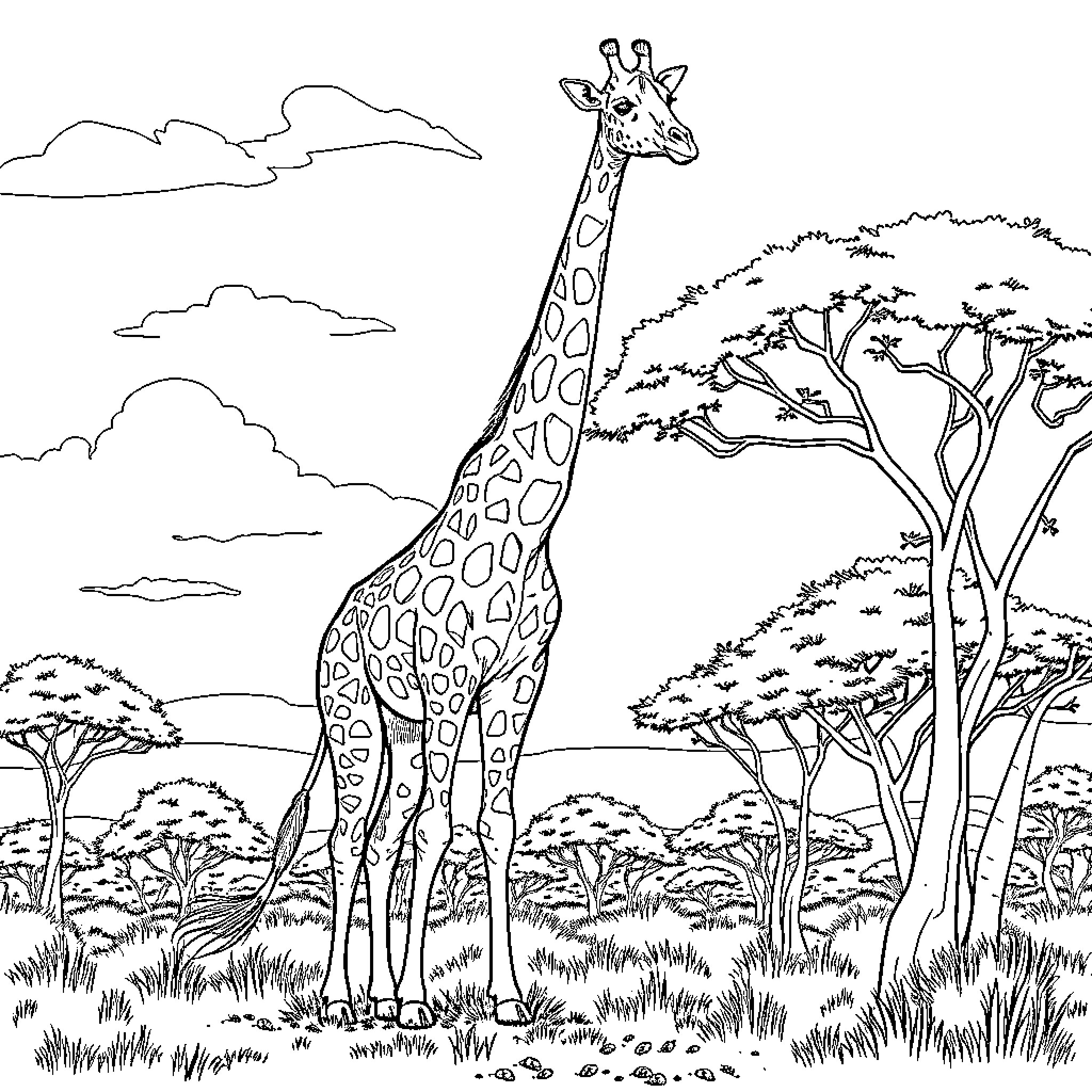 Giraffe standing peacefully in a savanna landscape Coloring Page (free black-and-white line drawing printable PDF for all, from beginners to advanced learners, including children, teens, adults, and seniors)