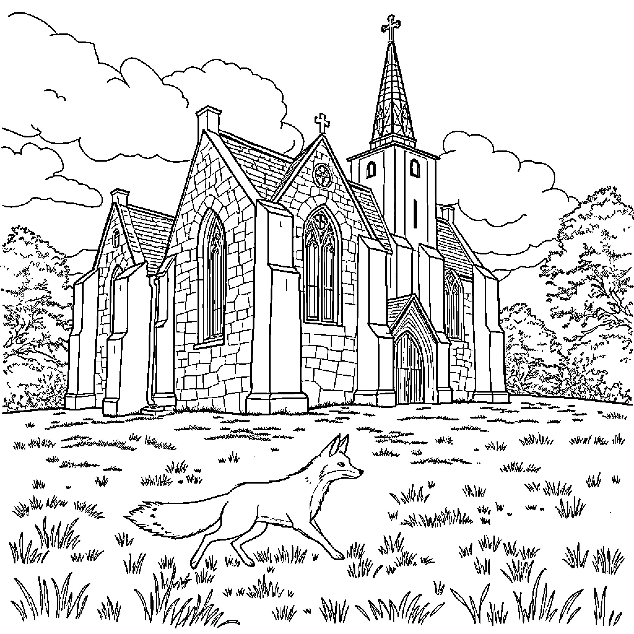 Fox exploring the Gothic church grounds Coloring Page (free black-and-white line drawing printable PDF for all, from beginners to advanced learners, including children, teens, adults, and seniors)
