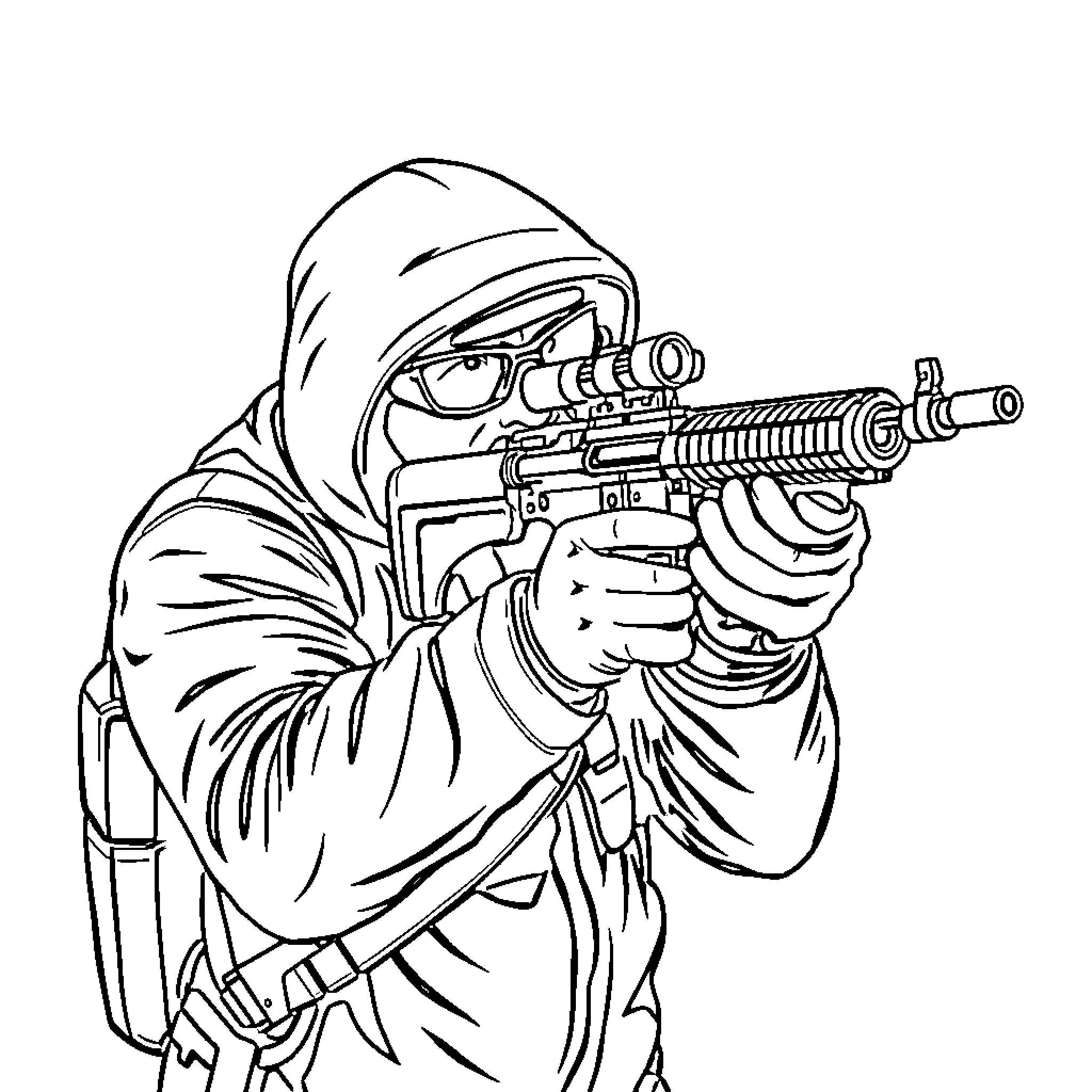 Navy SEAL armed with tactical assault rifle Coloring Page (free black-and-white line drawing printable PDF for all, from beginners to advanced learners, including children, teens, adults, and seniors)