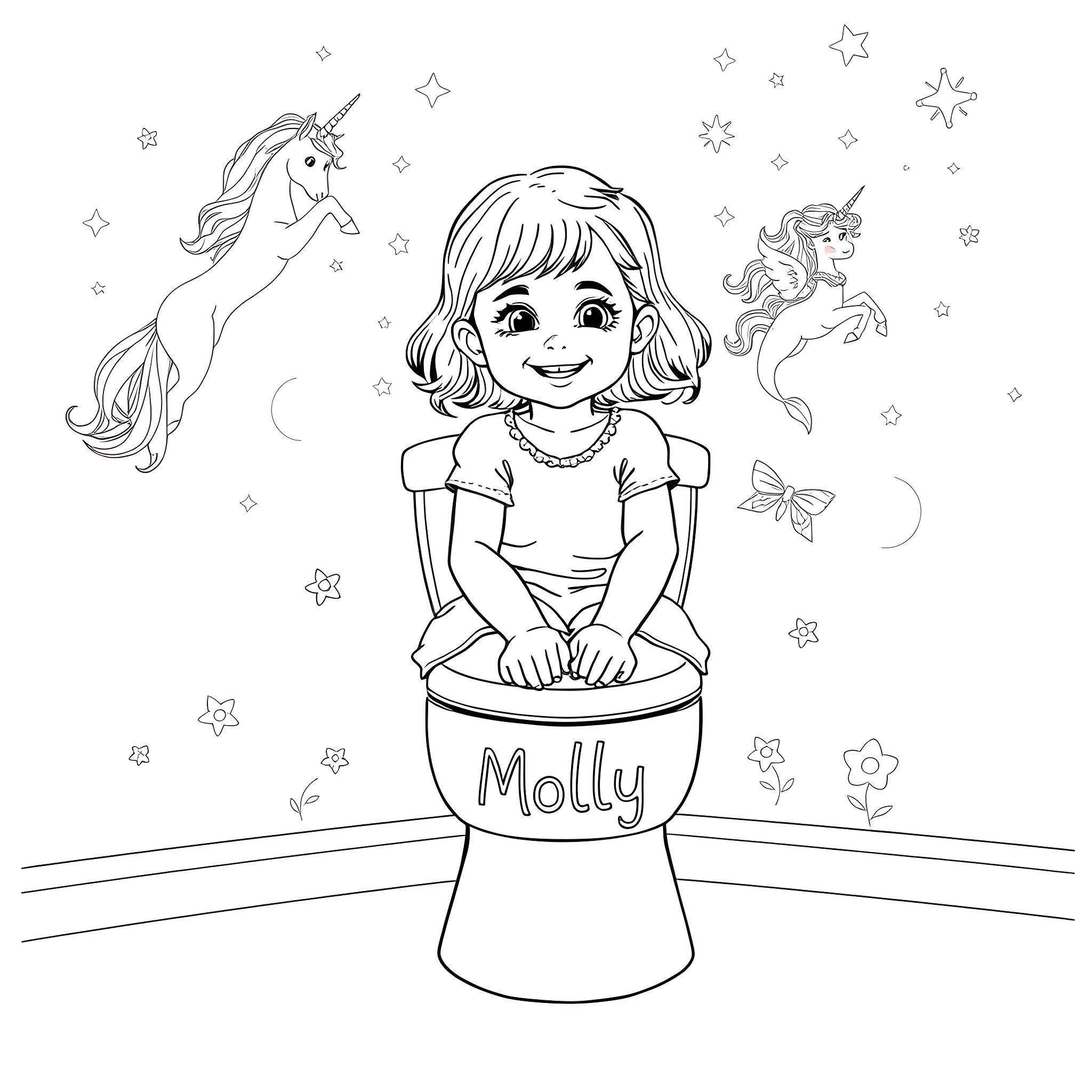 Girl sitting in a magical unicorn-themed scene Coloring Page (free black-and-white line drawing printable PDF for all, from beginners to advanced learners, including children, teens, adults, and seniors)