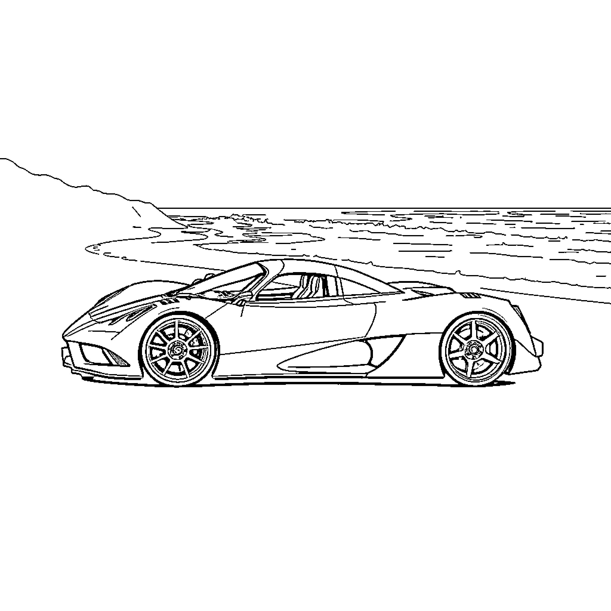 Pagani Zonda speeding on the coastal road Coloring Page (free black-and-white line drawing printable PDF for all, from beginners to advanced learners, including children, teens, adults, and seniors)