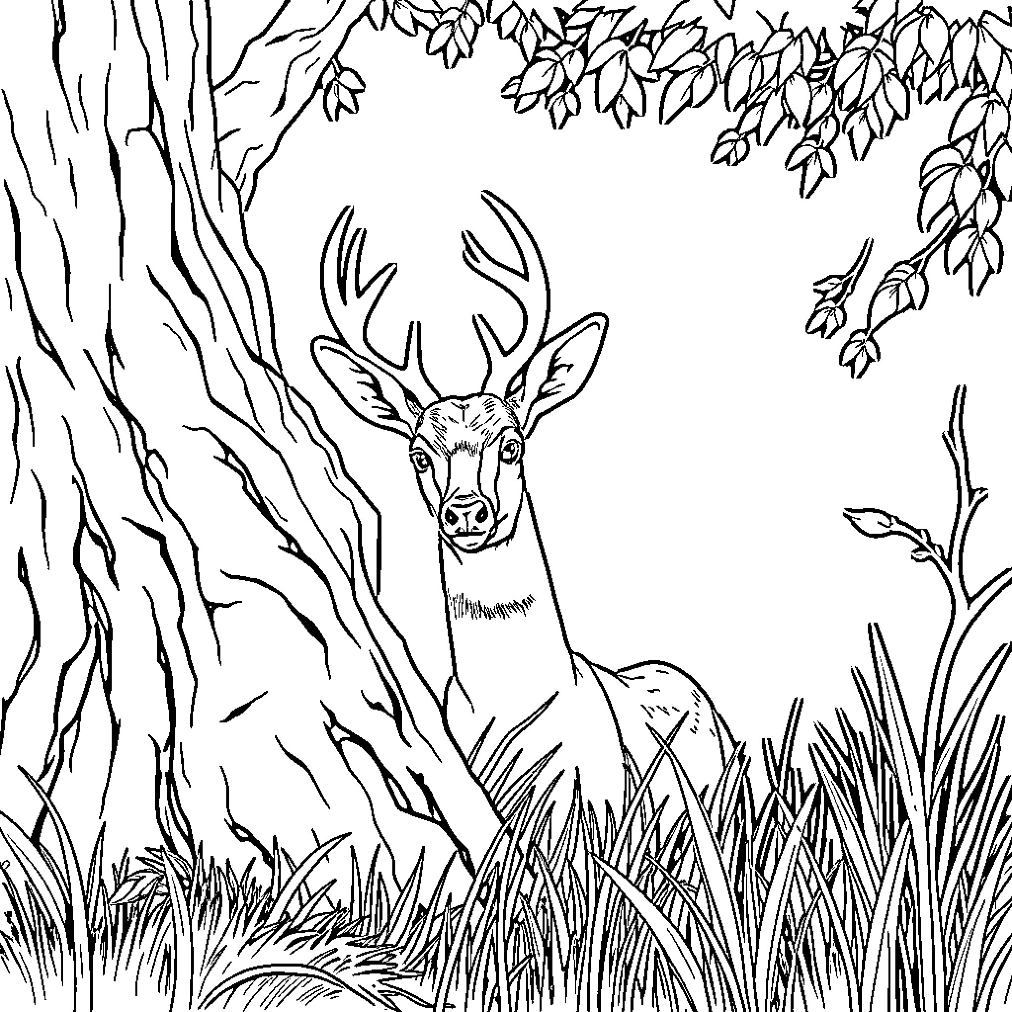 Deer peeking through forest foliage Coloring Page (free black-and-white line drawing printable PDF for all, from beginners to advanced learners, including children, teens, adults, and seniors)